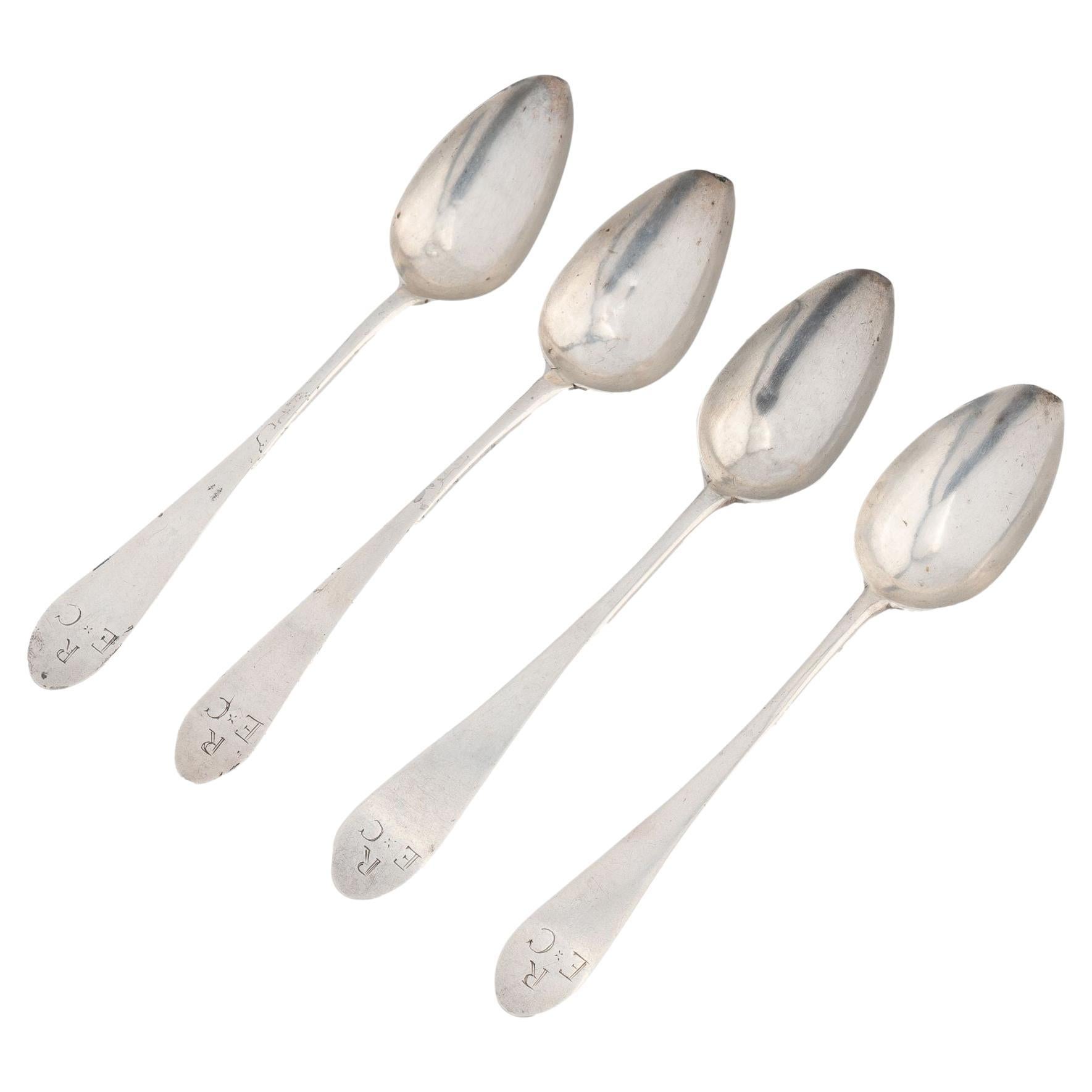 Set 4 American coin silver bird back tea spoons by Anthony Simmons, c. 1795-1808 For Sale