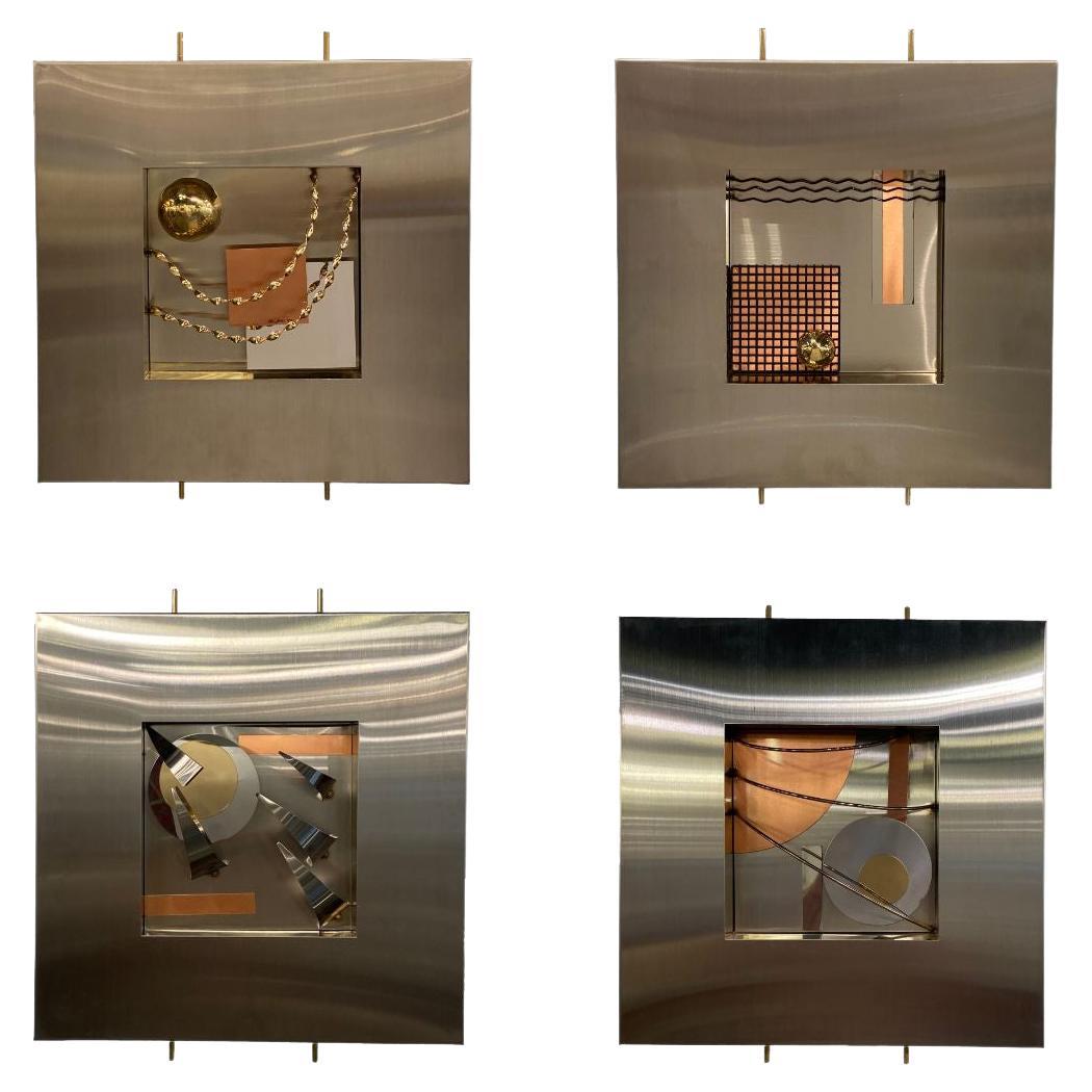 Set 4 American Modern Stainless Steel, Brass & Copper Wall Sculptures, Curtis Jere For Sale