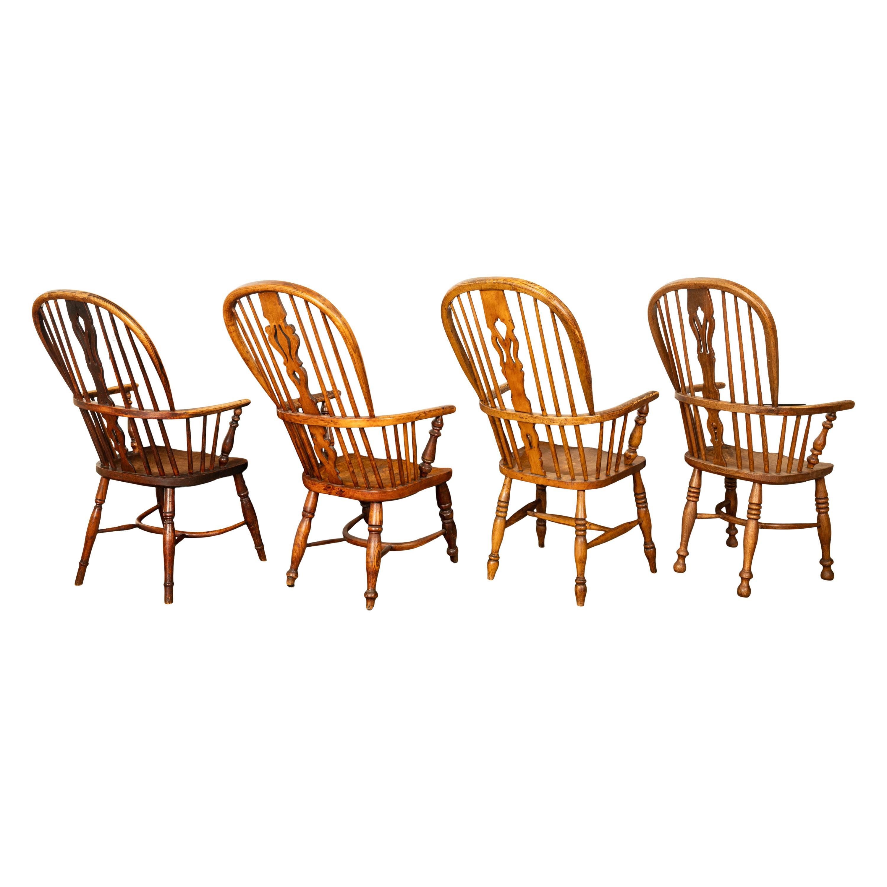Set 4 Antique 19thC High-backed English Ash Elm Country Windsor Arm Chairs 1840  For Sale 6