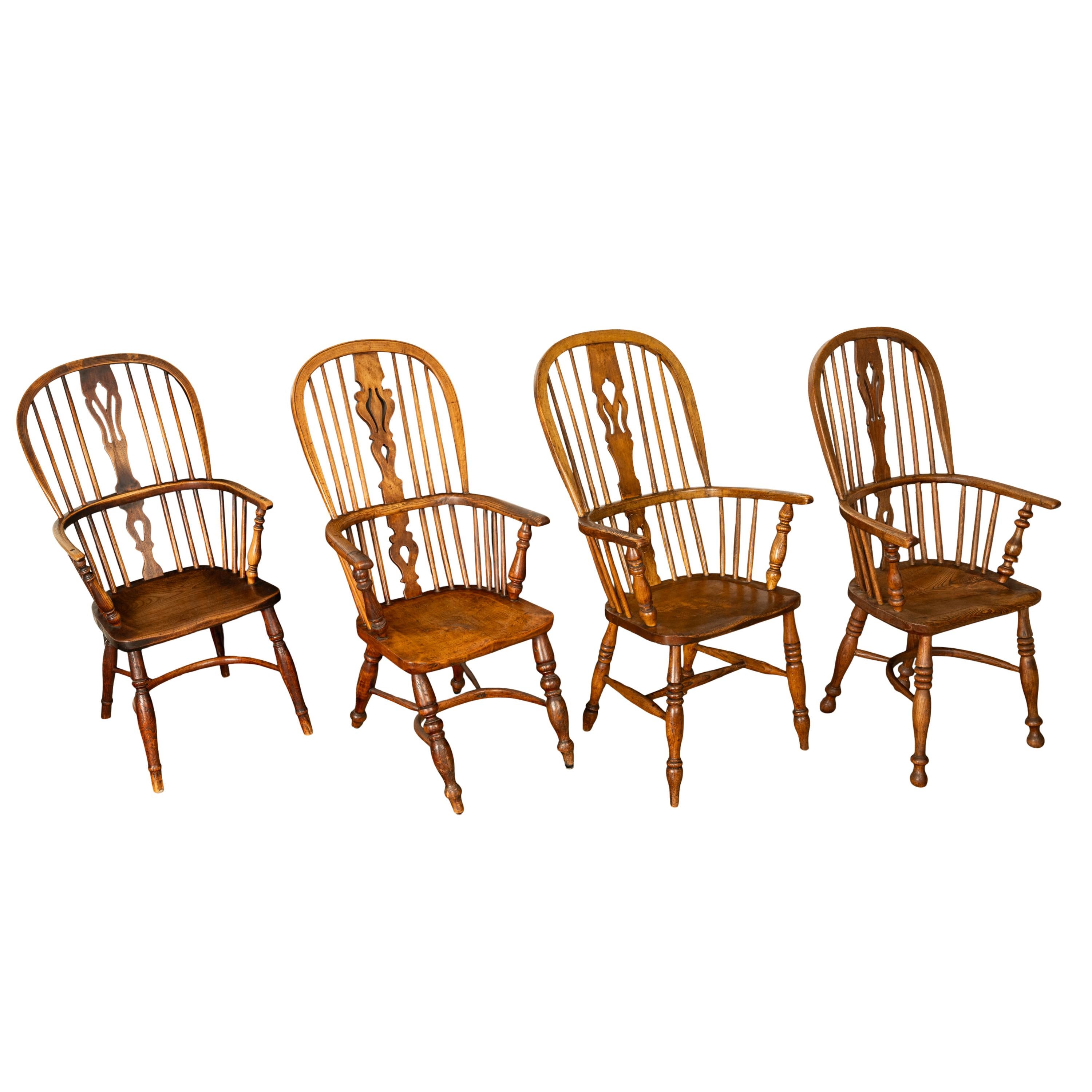 Set 4 Antique 19thC High-backed English Ash Elm Country Windsor Arm Chairs 1840  For Sale 7