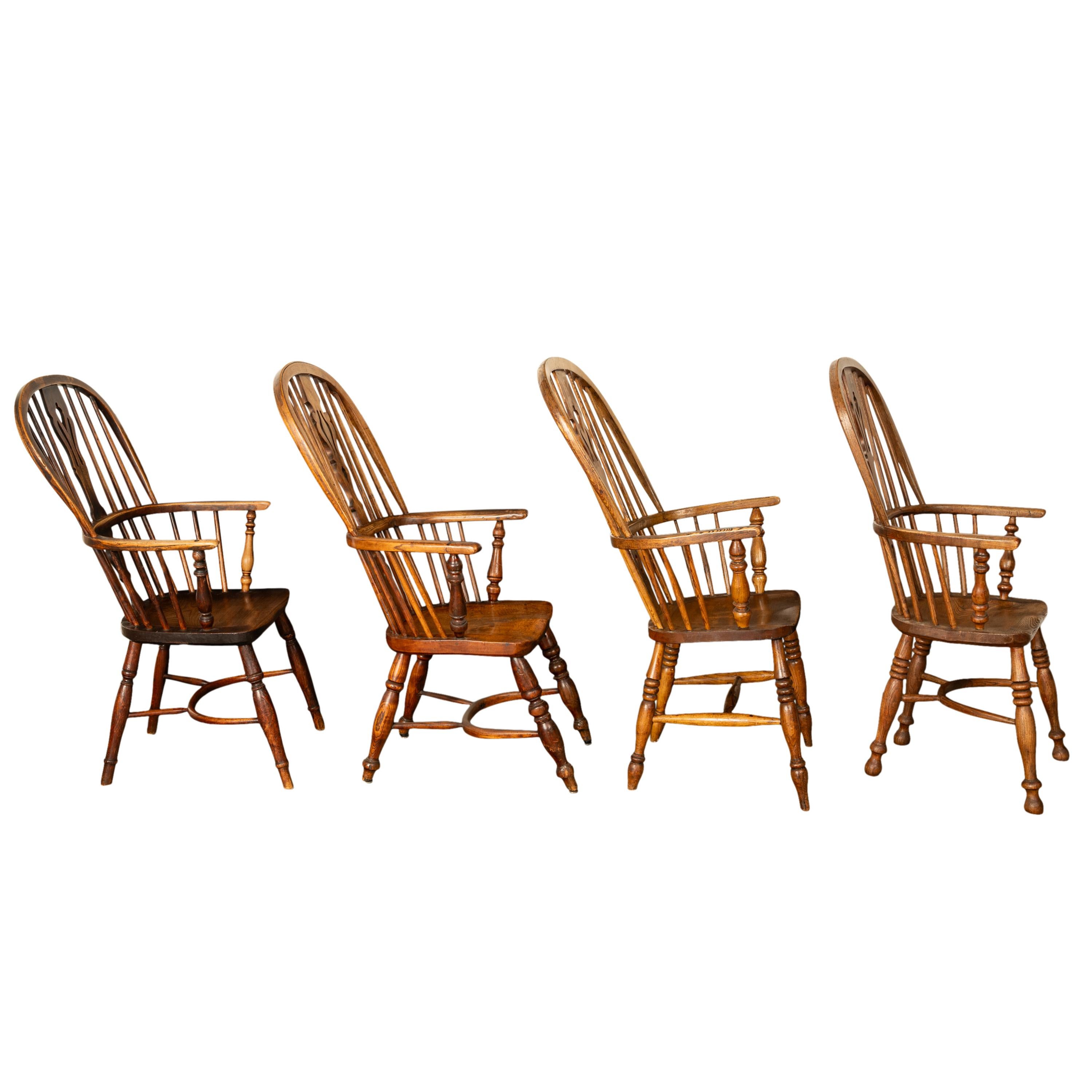 Set 4 Antique 19thC High-backed English Ash Elm Country Windsor Arm Chairs 1840  For Sale 8