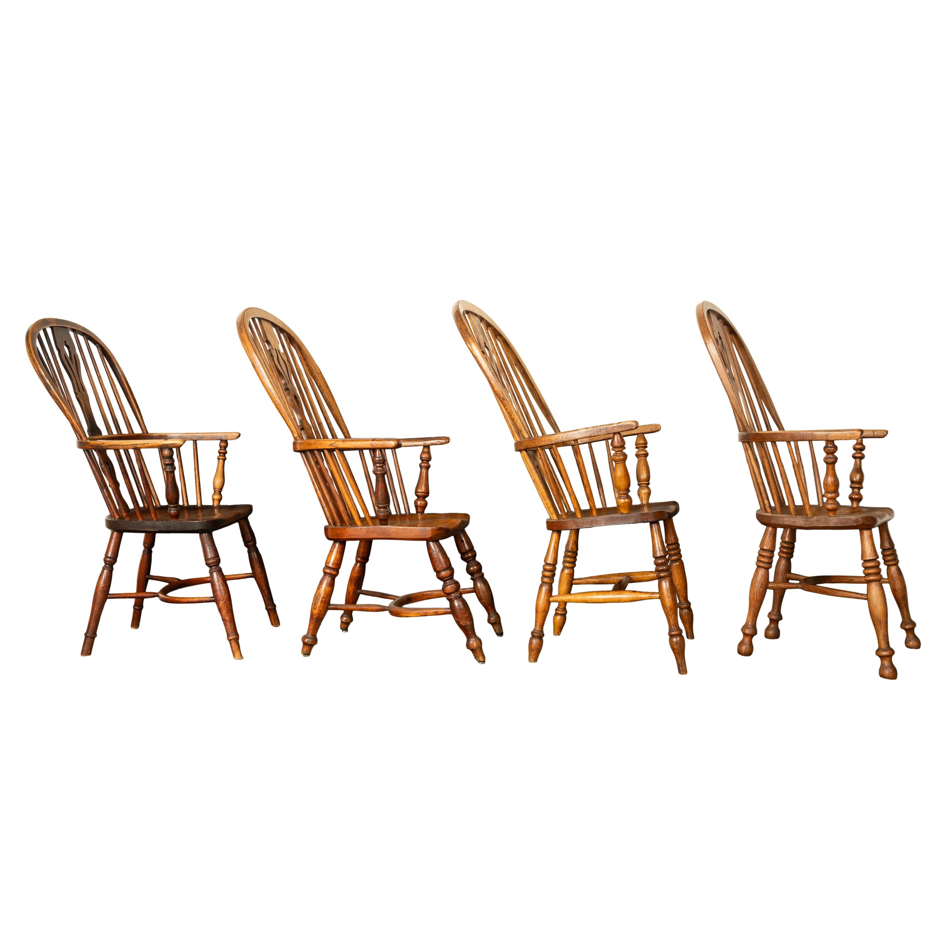 Set 4 Antique 19thC High-backed English Ash Elm Country Windsor Arm Chairs 1840  For Sale 9