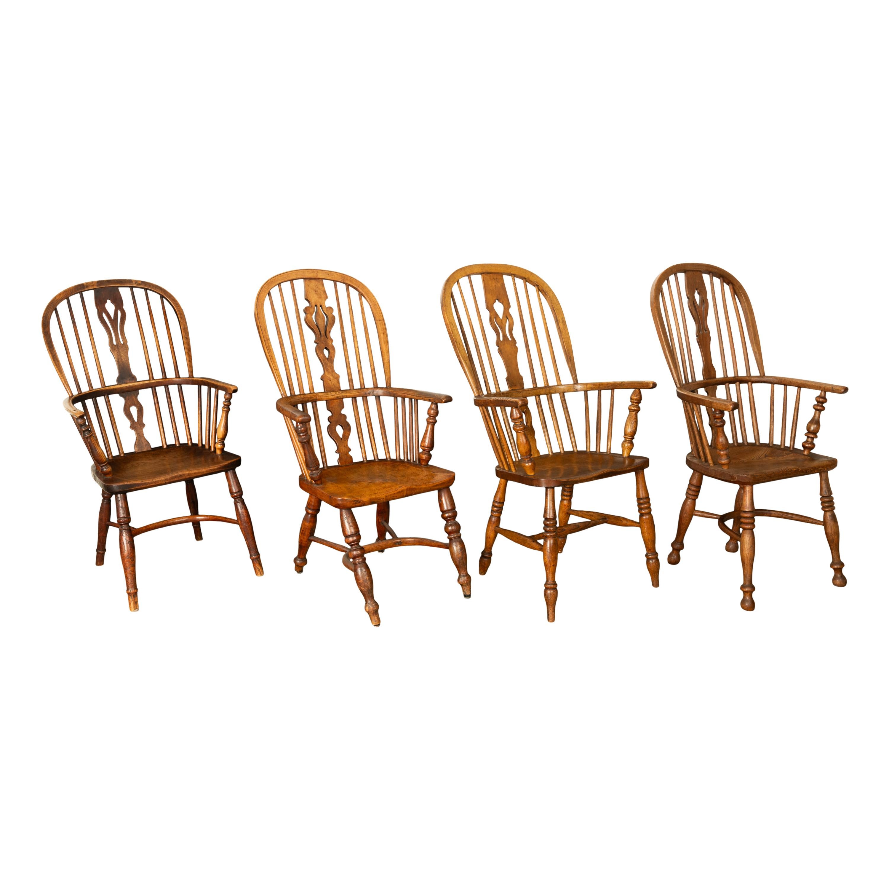 Set 4 Antique 19thC High-backed English Ash Elm Country Windsor Arm Chairs 1840  For Sale 10