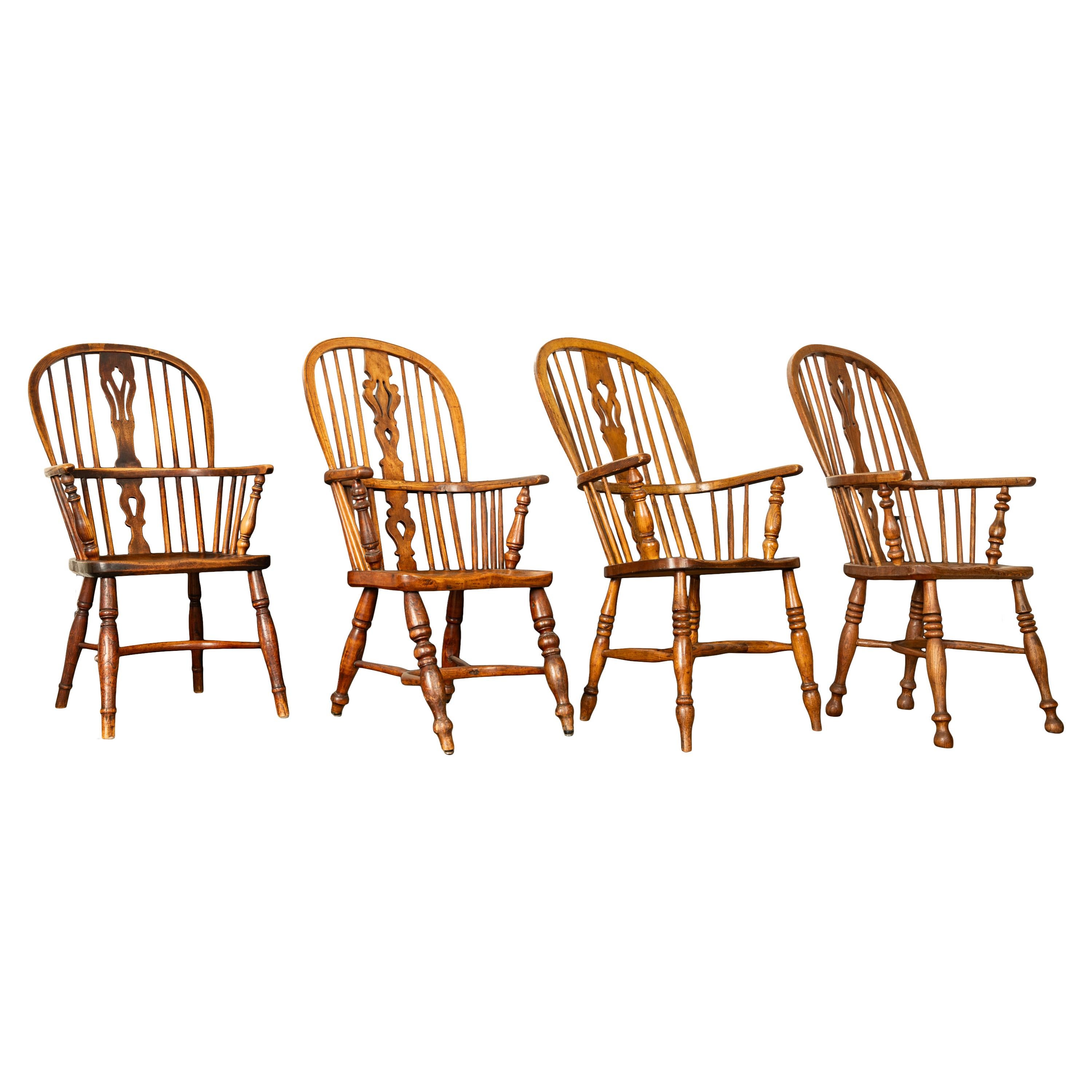 Set 4 Antique 19thC High-backed English Ash Elm Country Windsor Arm Chairs 1840  For Sale 11