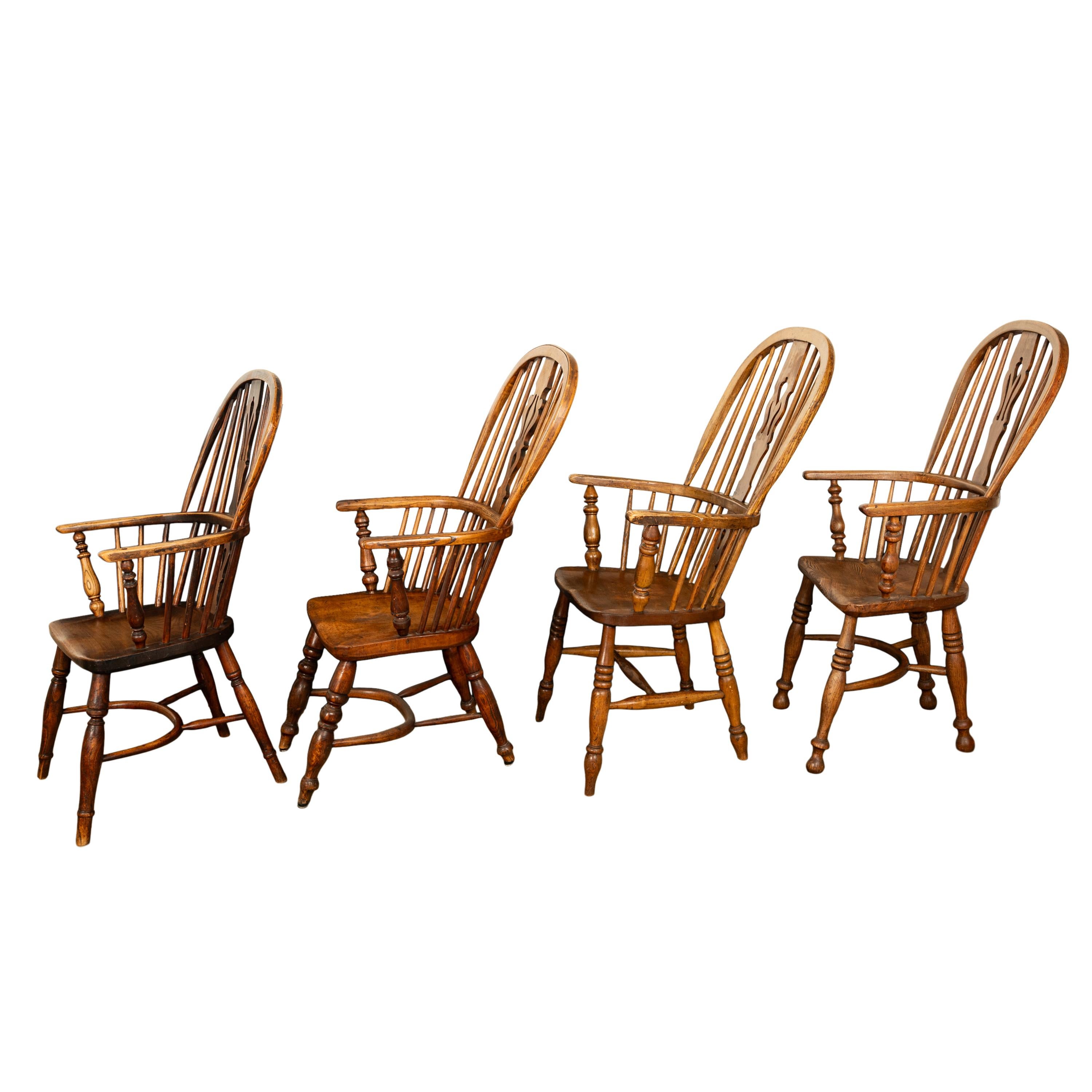 Mid-19th Century Set 4 Antique 19thC High-backed English Ash Elm Country Windsor Arm Chairs 1840  For Sale