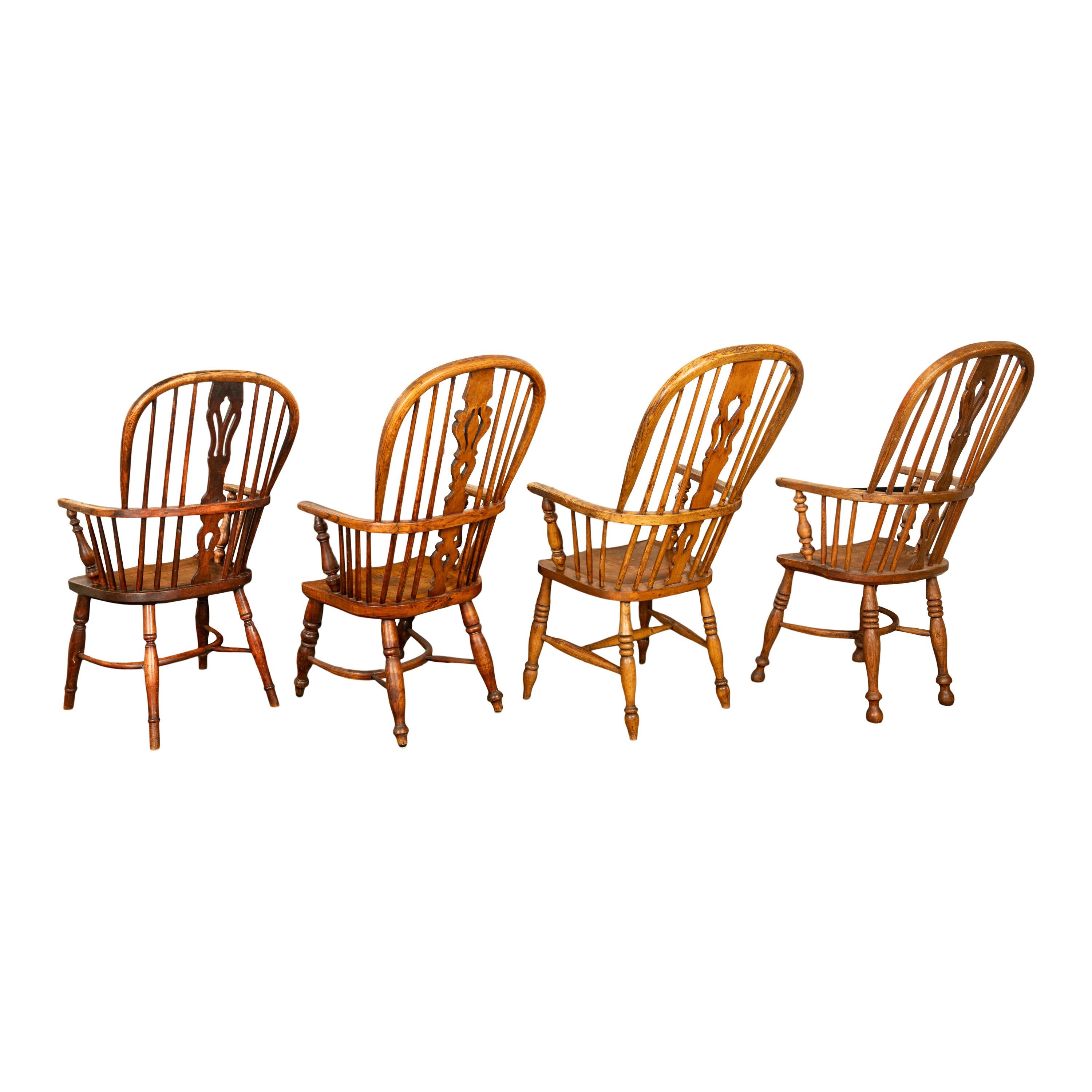 Set 4 Antique 19thC High-backed English Ash Elm Country Windsor Arm Chairs 1840  For Sale 2