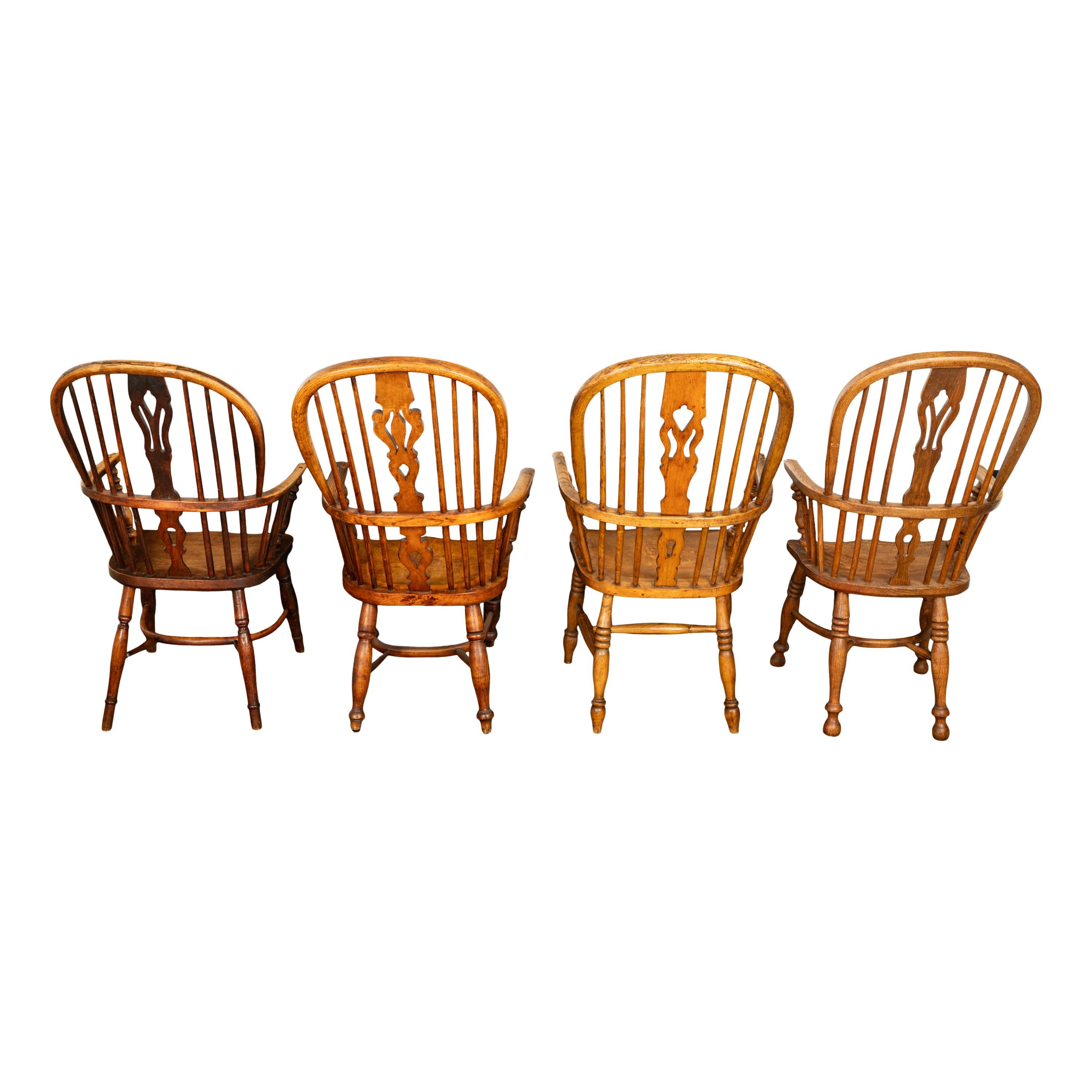 Set 4 Antique 19thC High-backed English Ash Elm Country Windsor Arm Chairs 1840  For Sale 3