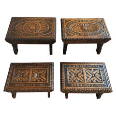 Set of 4 English Carved Oak Footstool Stool Stand Dated 1905 Child Family