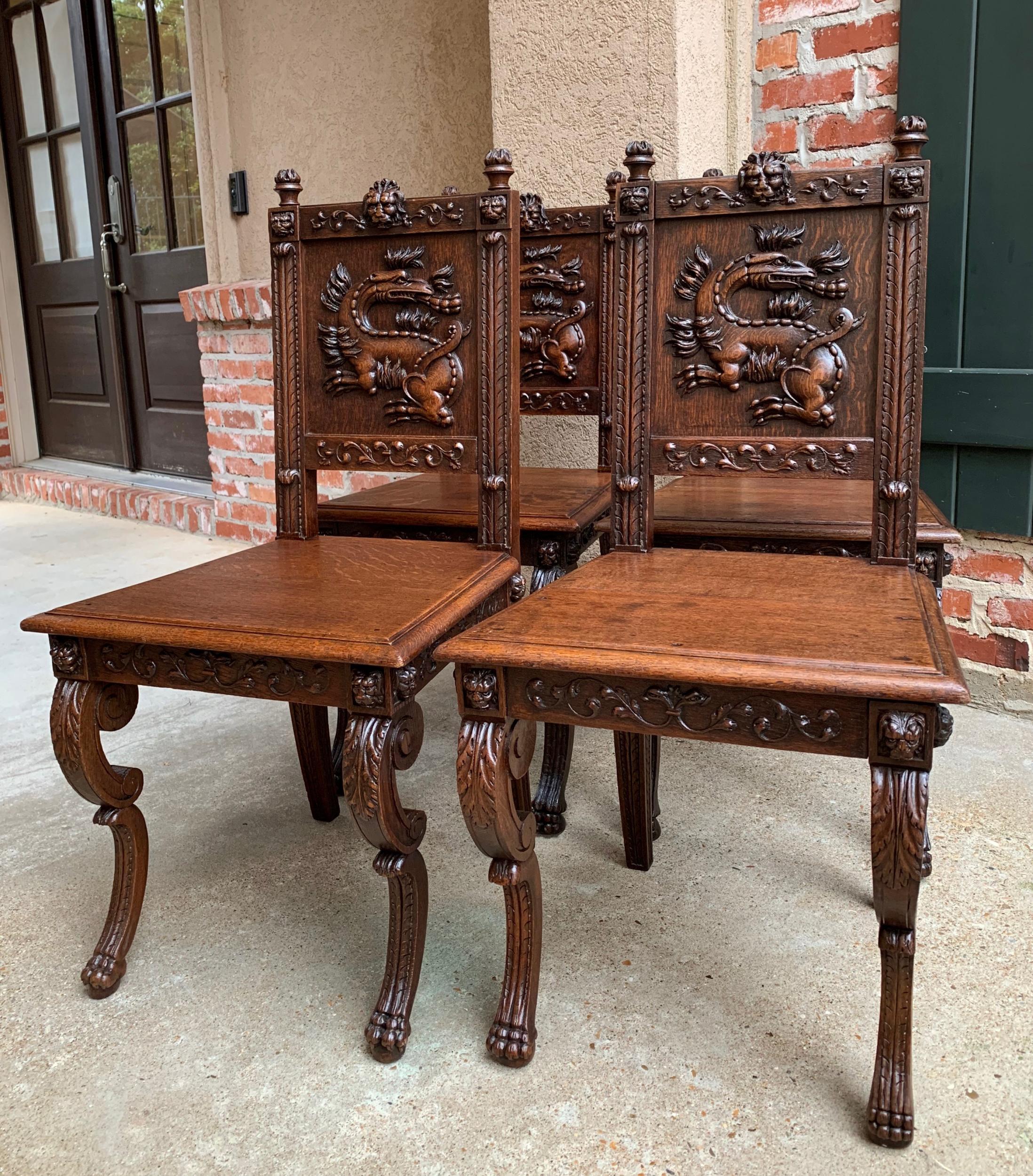 Set 4 Antique French Carved Oak Dining Chair Renaissance Dragon Lion Gothic 7