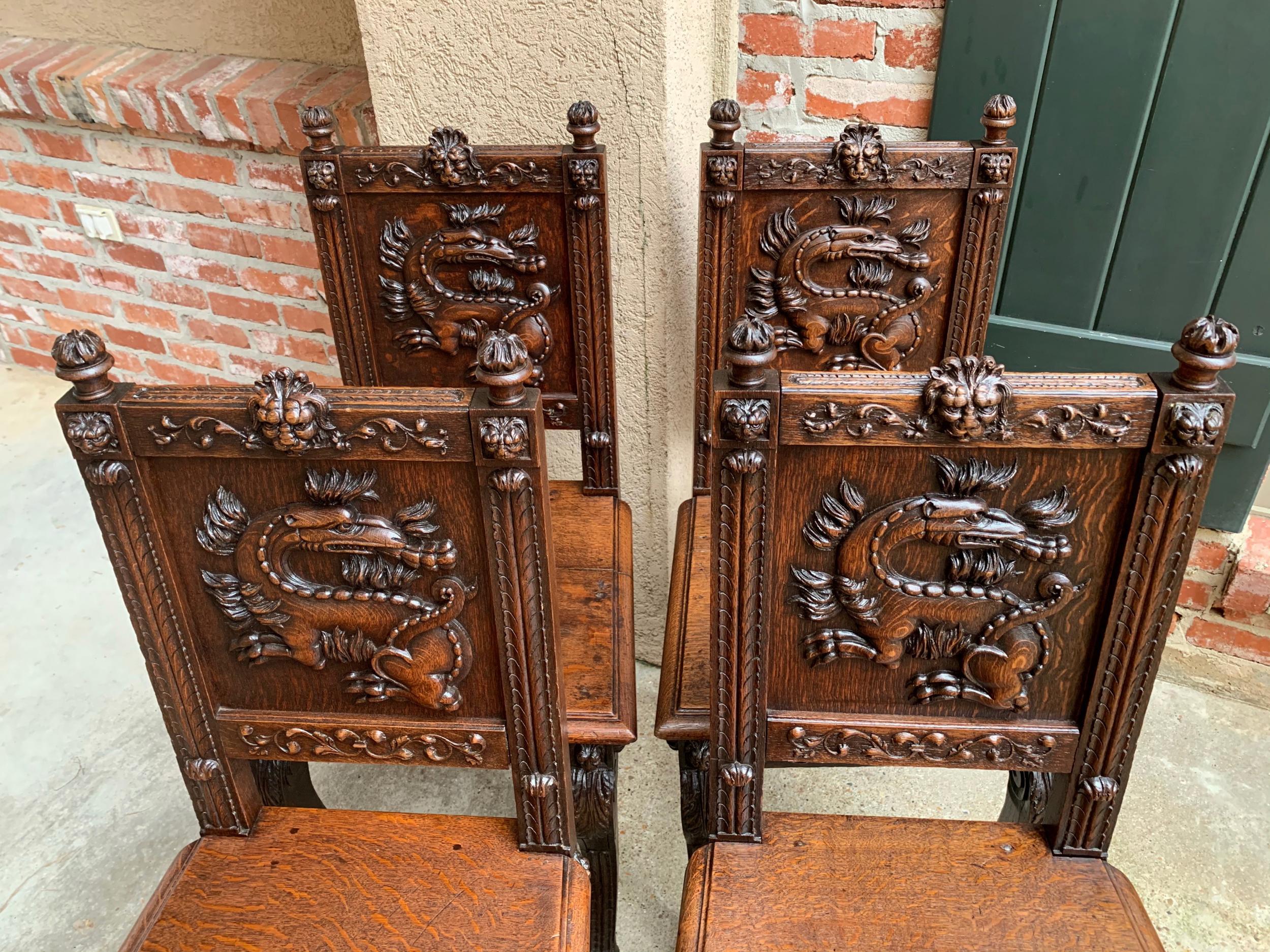 Set 4 Antique French Carved Oak Dining Chair Renaissance Dragon Lion Gothic 8