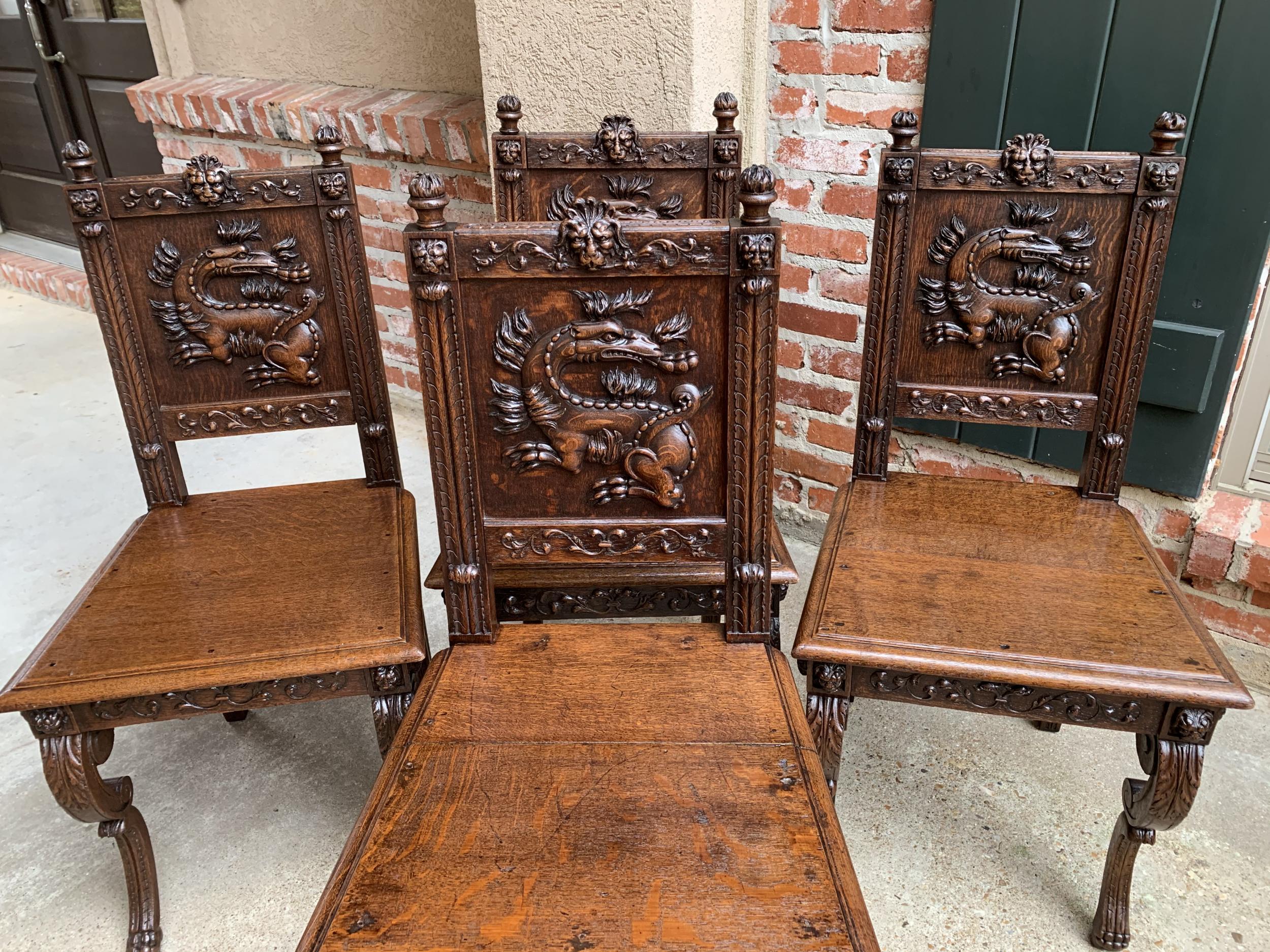 Set 4 Antique French Carved Oak Dining Chair Renaissance Dragon Lion Gothic 9