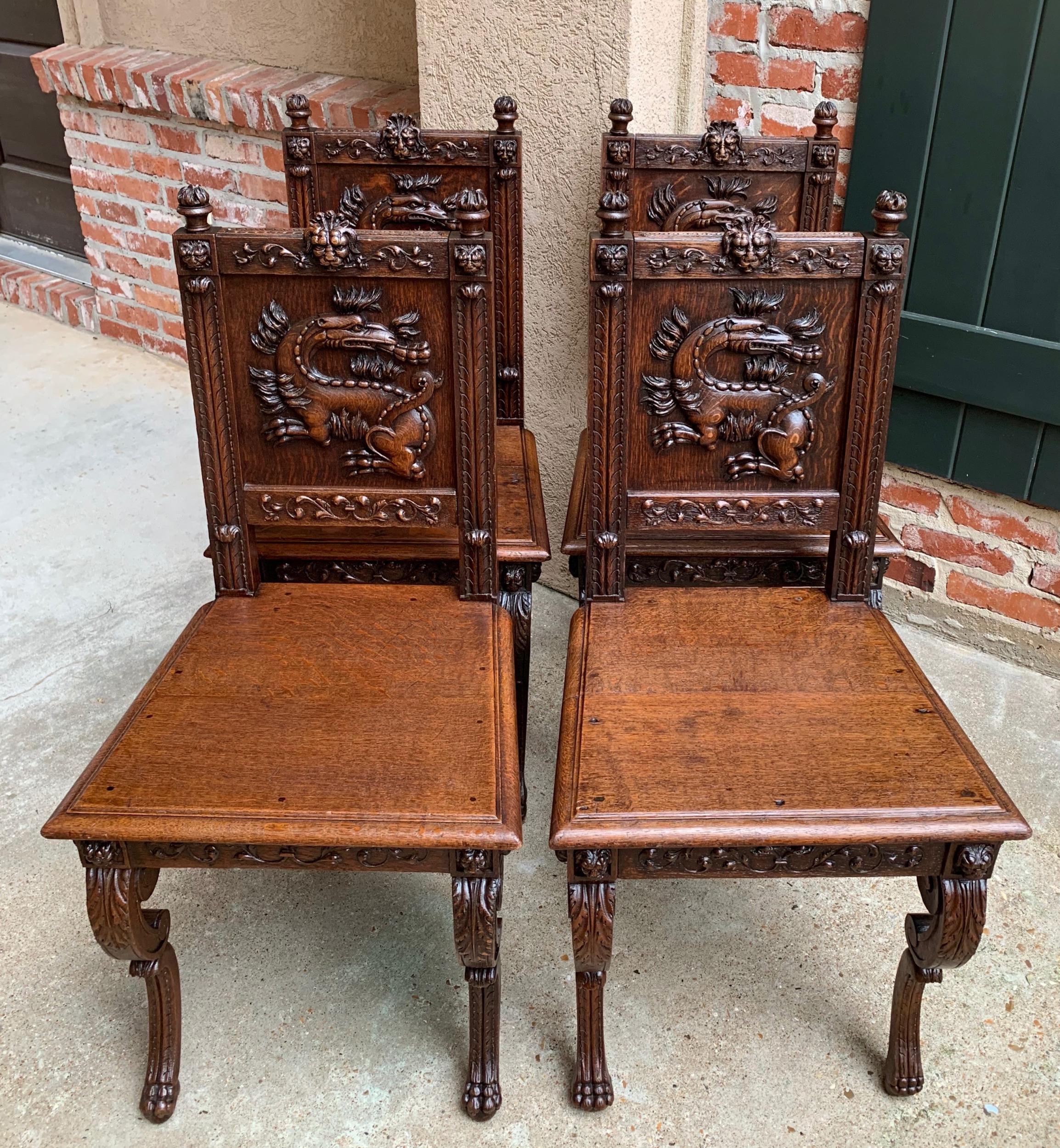 Set 4 Antique French Carved Oak Dining Chair Renaissance Dragon Lion Gothic 10