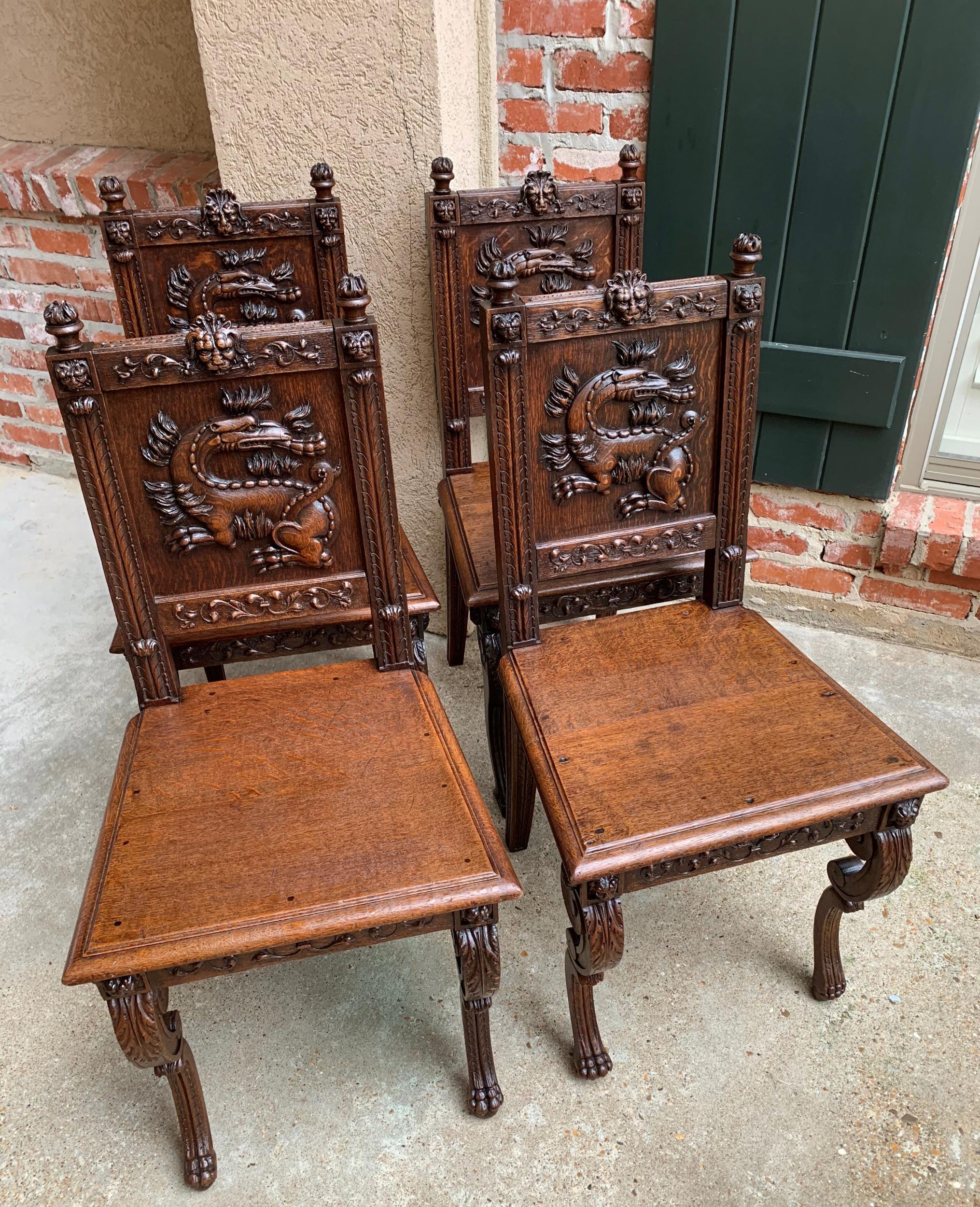 Set 4 Antique French Carved Oak Dining Chair Renaissance Dragon Lion Gothic 11