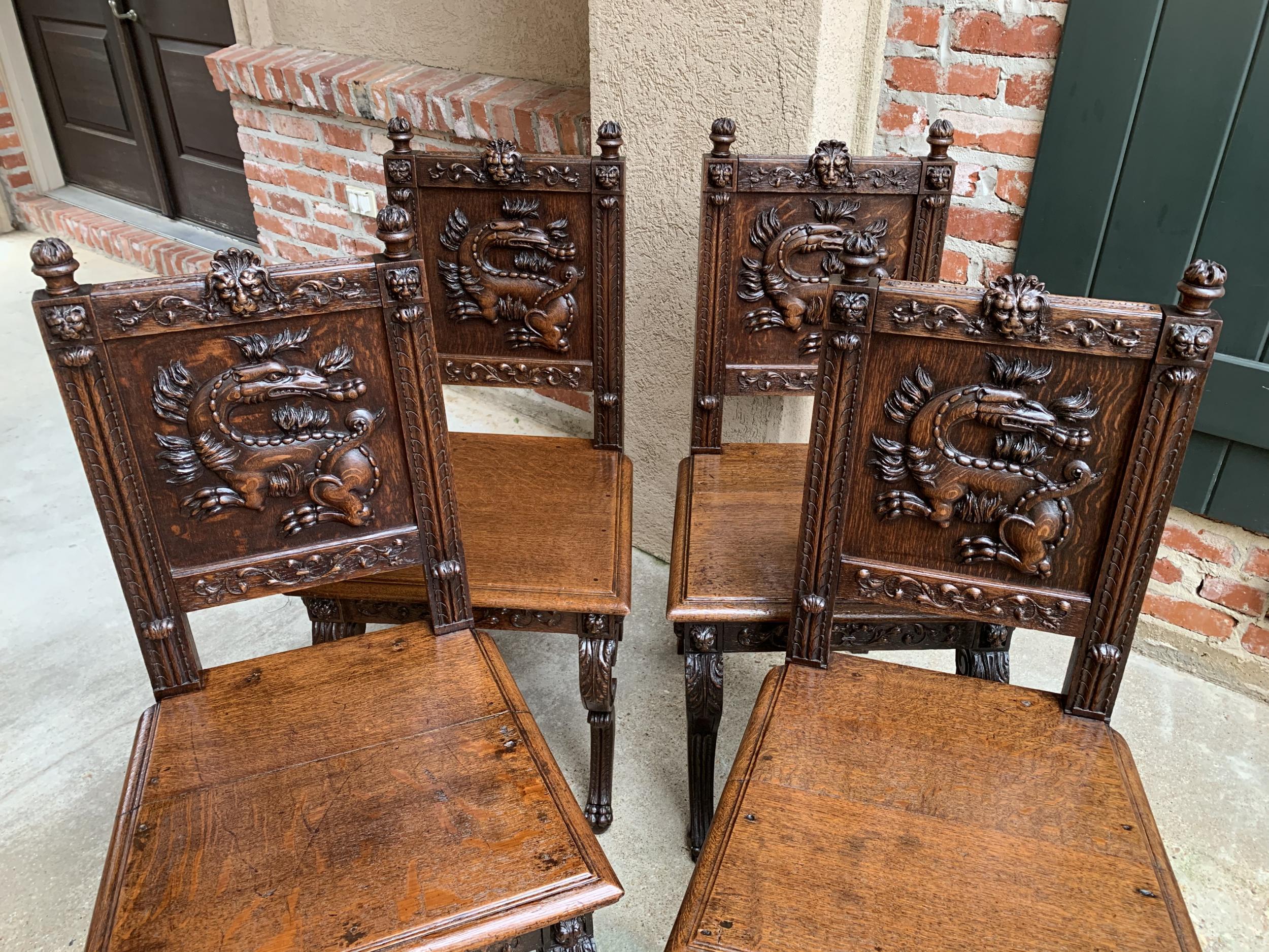 Hand-Carved Set 4 Antique French Carved Oak Dining Chair Renaissance Dragon Lion Gothic