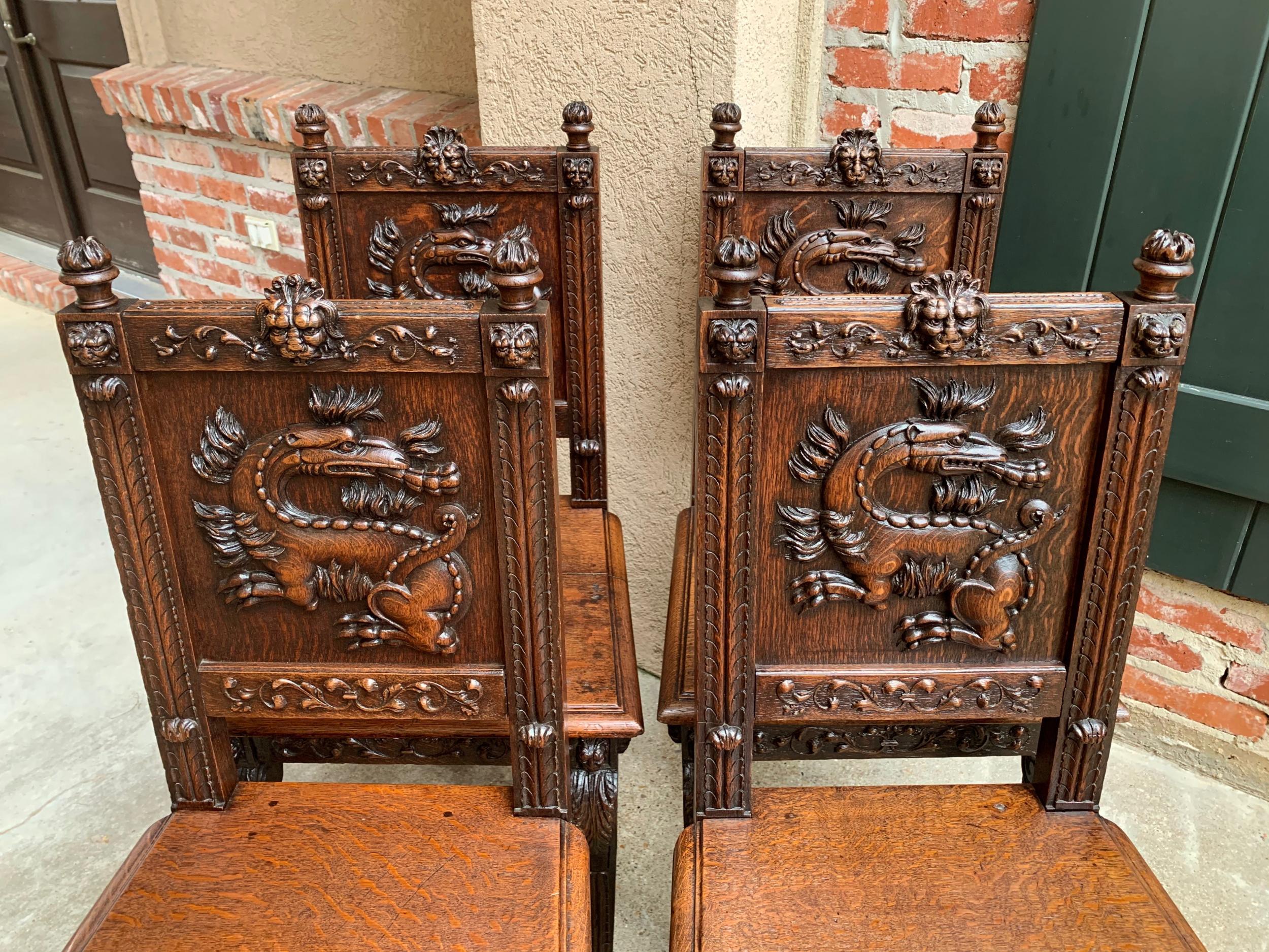 Set 4 Antique French Carved Oak Dining Chair Renaissance Dragon Lion Gothic In Good Condition In Shreveport, LA
