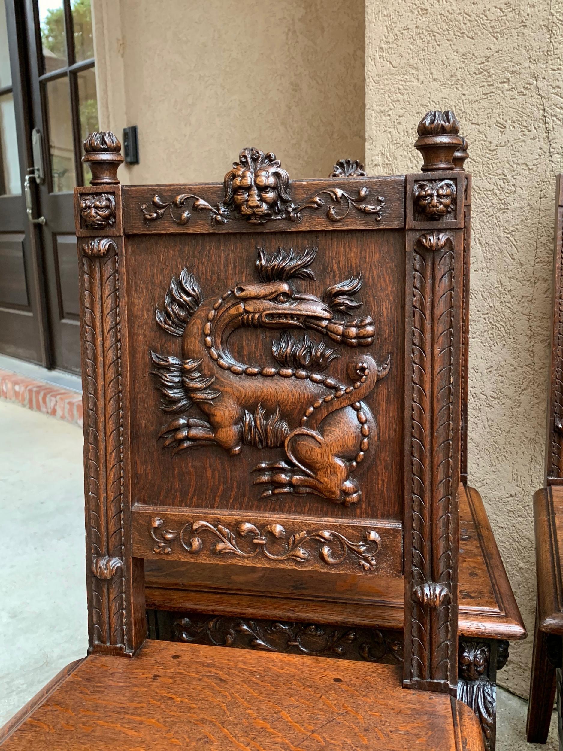 Early 20th Century Set 4 Antique French Carved Oak Dining Chair Renaissance Dragon Lion Gothic