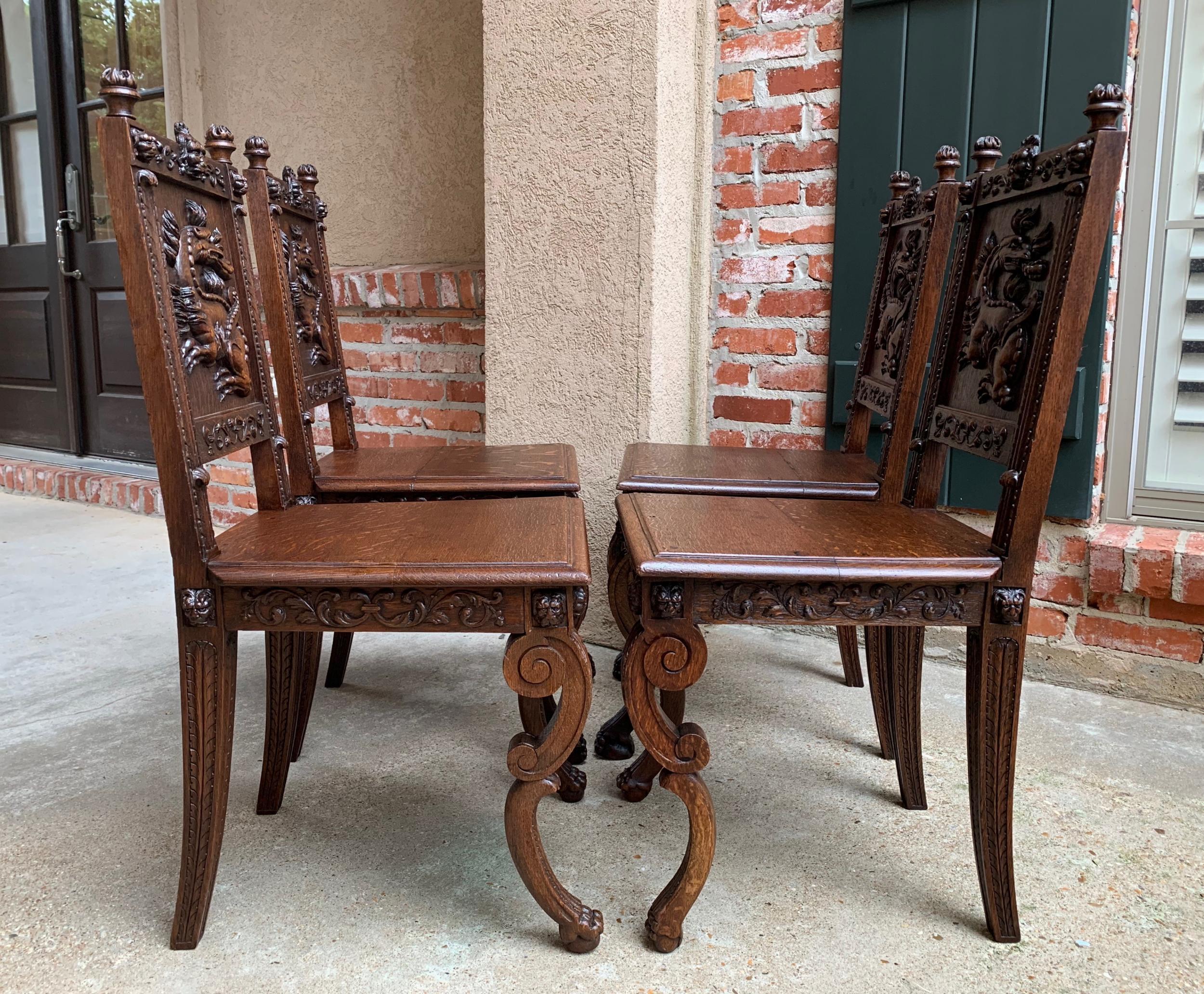 Set 4 Antique French Carved Oak Dining Chair Renaissance Dragon Lion Gothic 1