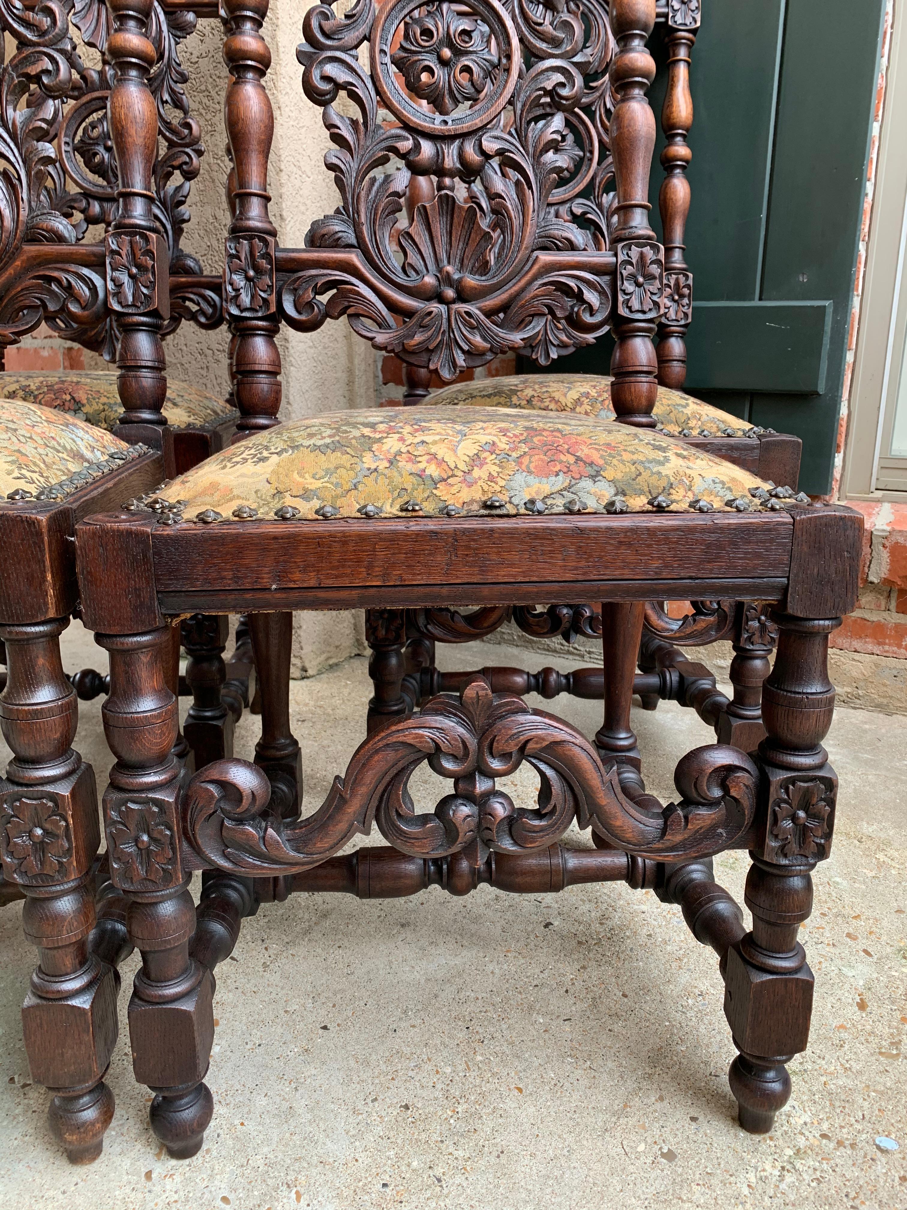 Set 4 Antique French Carved Oak Dining Side Chair Louis XIV Renaissance Tall 6