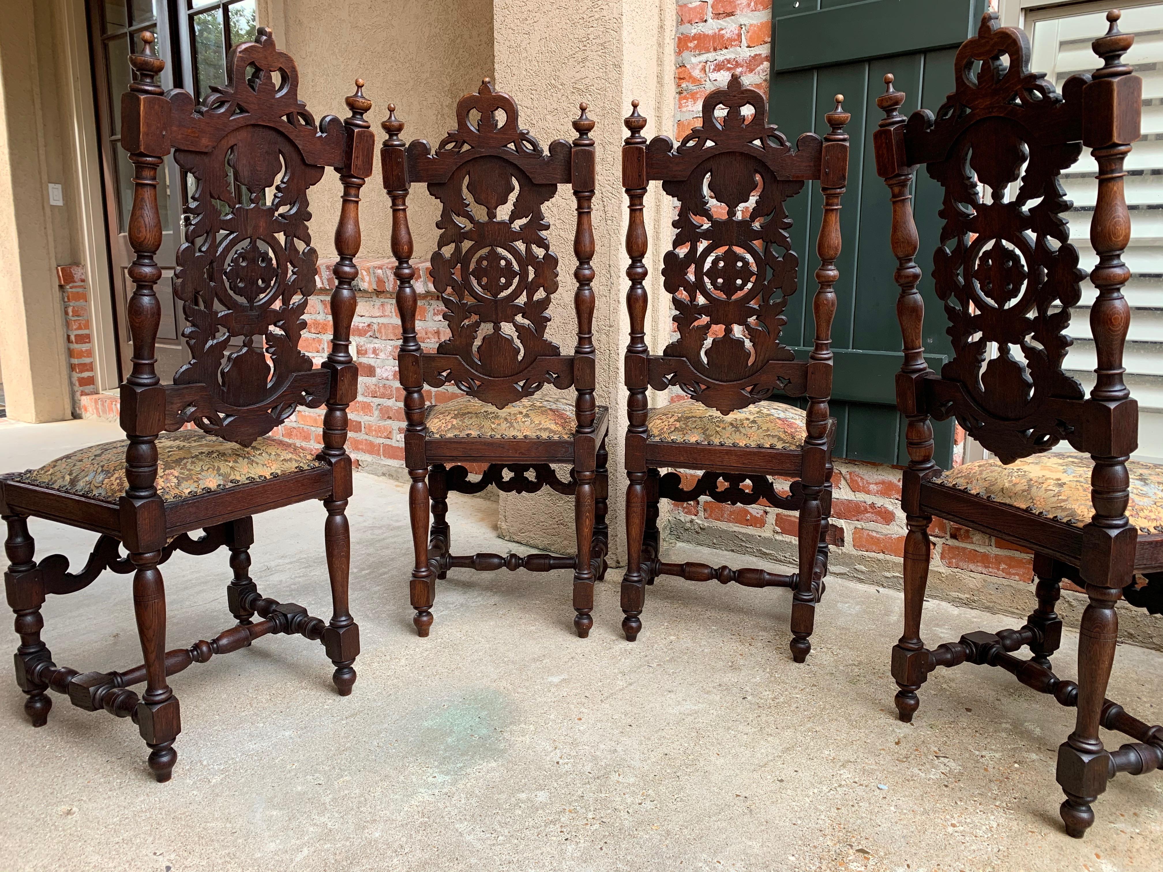 Set 4 Antique French Carved Oak Dining Side Chair Louis XIV Renaissance Tall 12