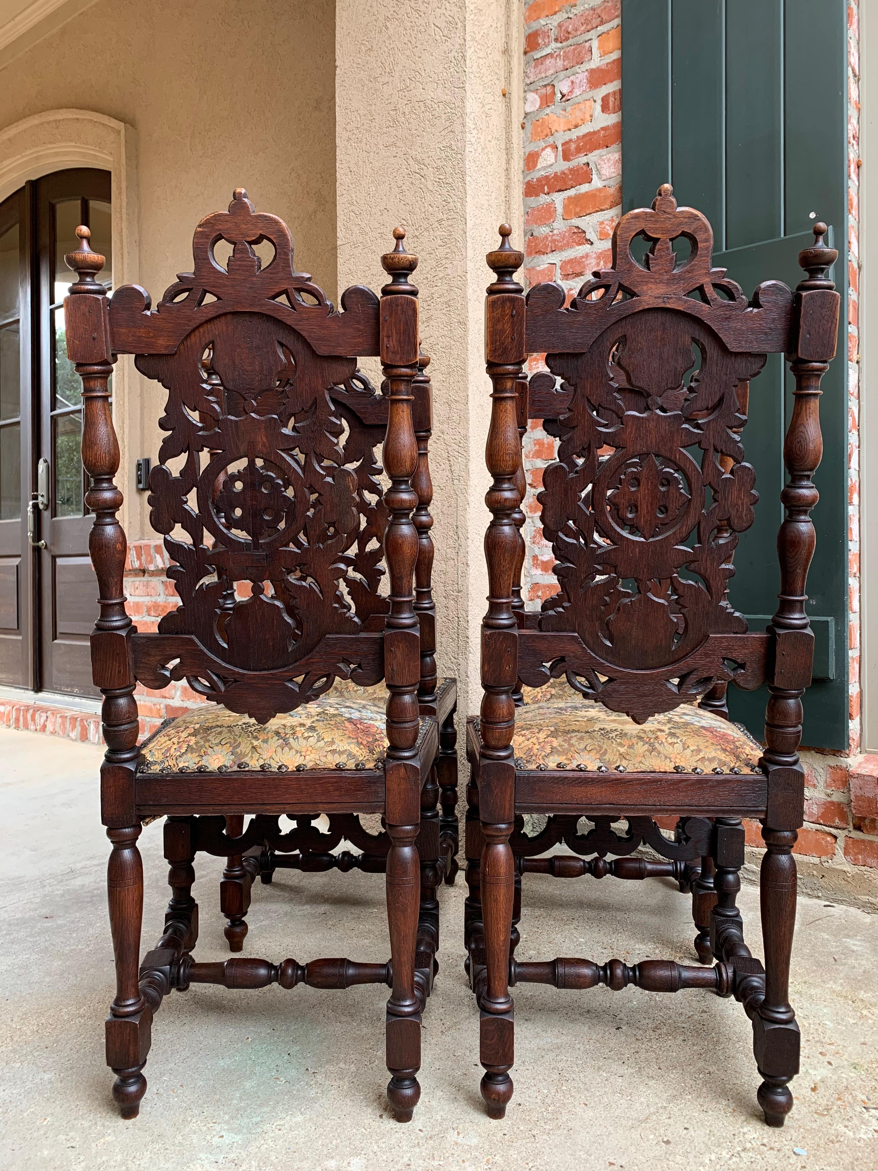 Set 4 Antique French Carved Oak Dining Side Chair Louis XIV Renaissance Tall 13