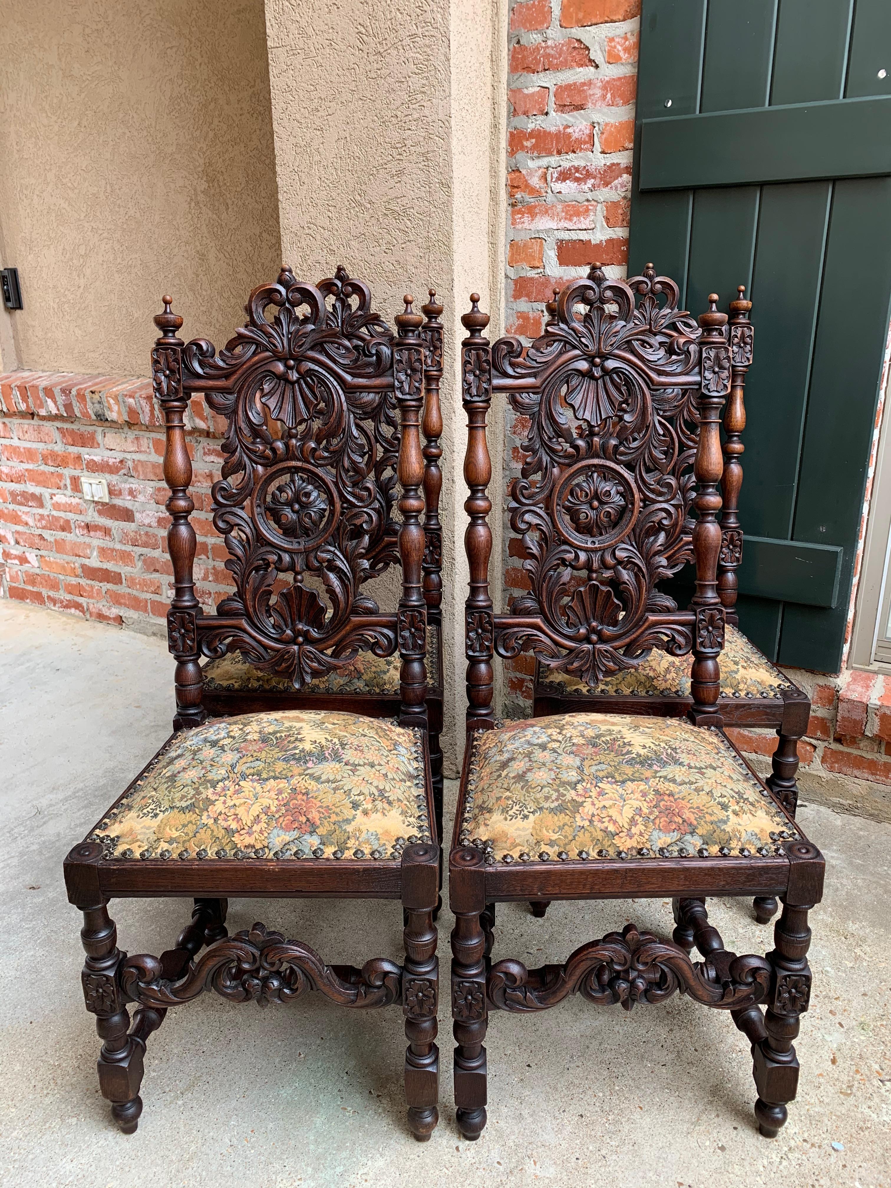 Hand-Carved Set 4 Antique French Carved Oak Dining Side Chair Louis XIV Renaissance Tall