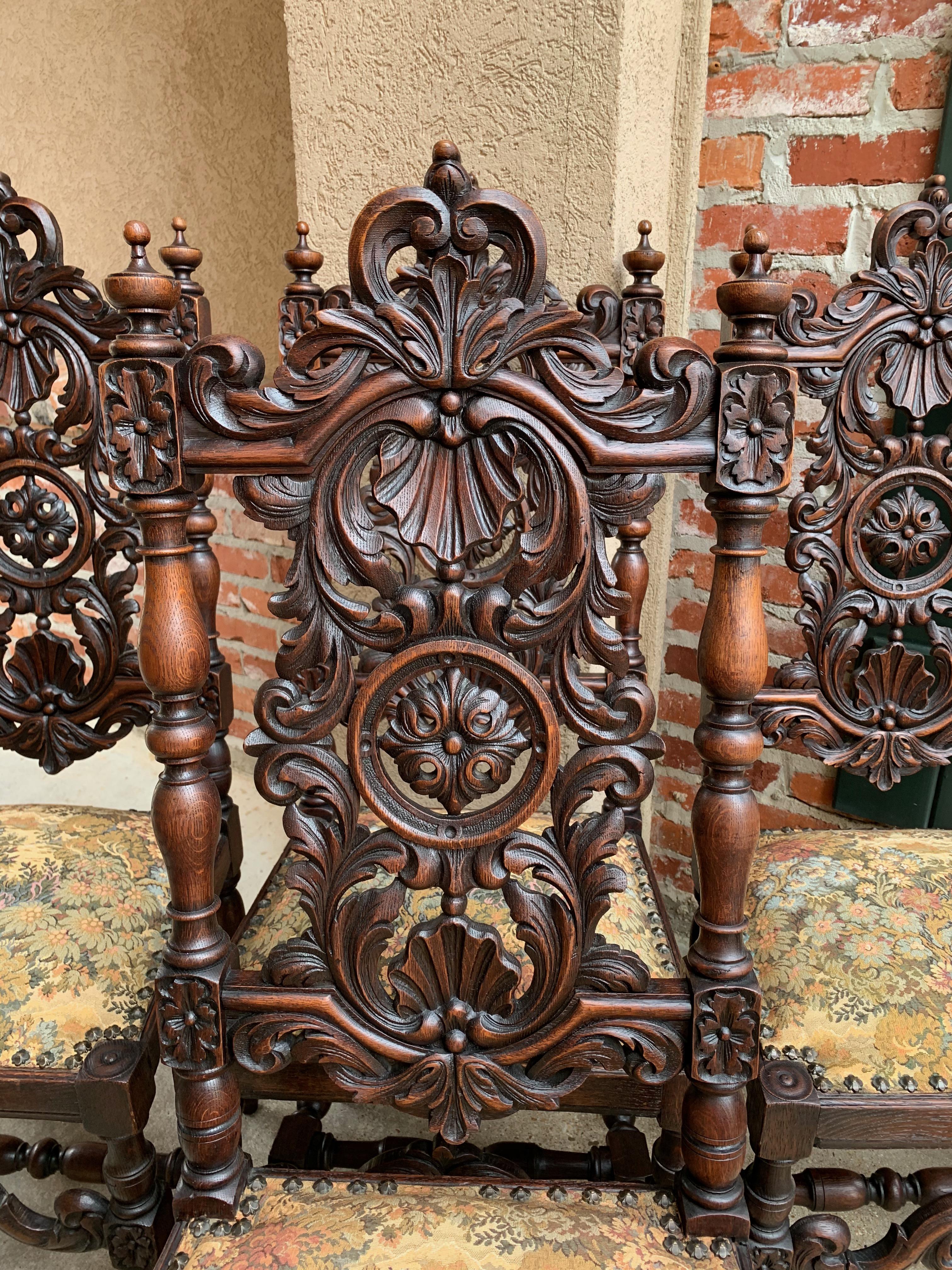 Set 4 Antique French Carved Oak Dining Side Chair Louis XIV Renaissance Tall In Good Condition In Shreveport, LA