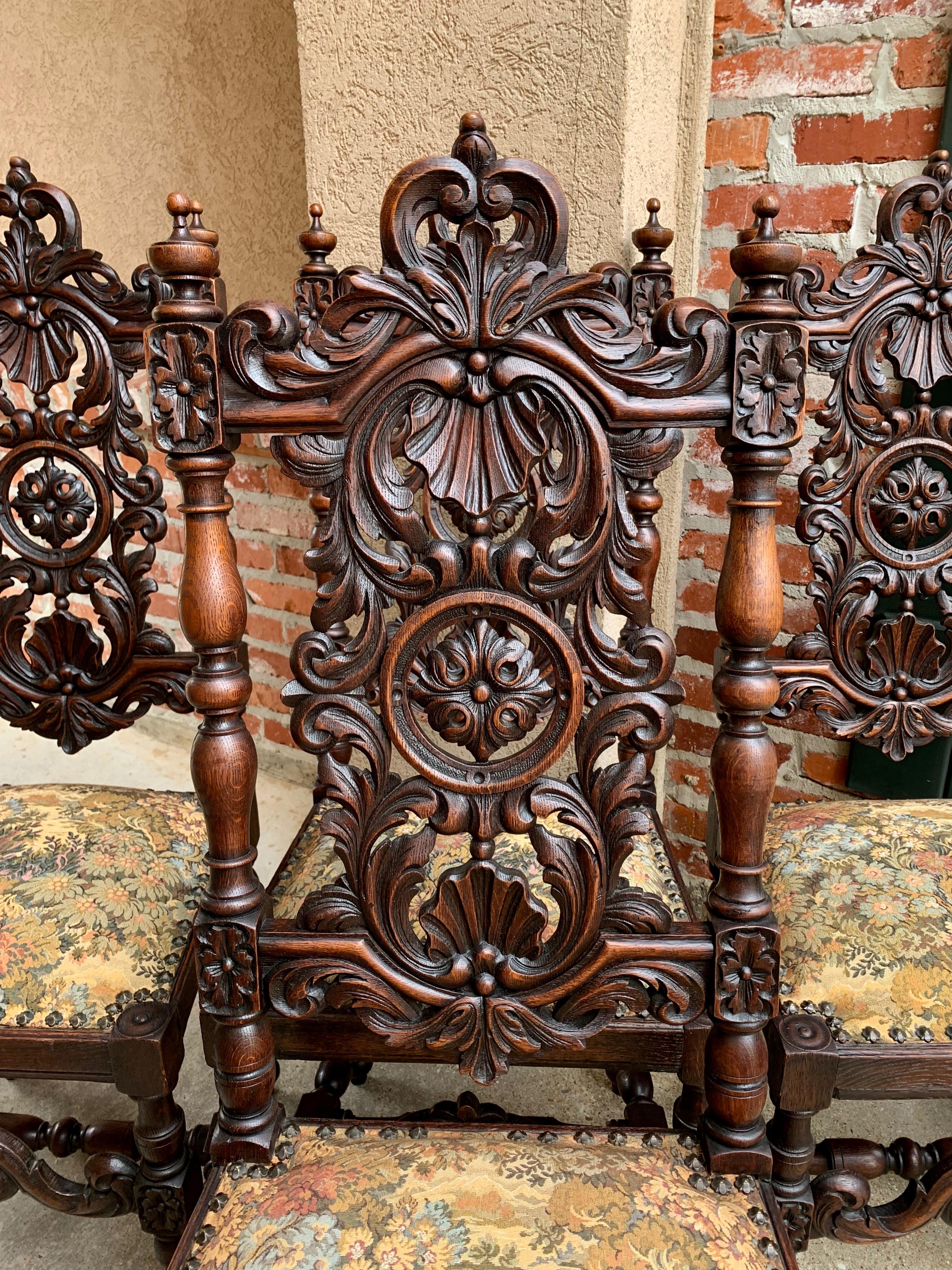 Fabric Set 4 Antique French Carved Oak Dining Side Chair Louis XIV Renaissance Tall