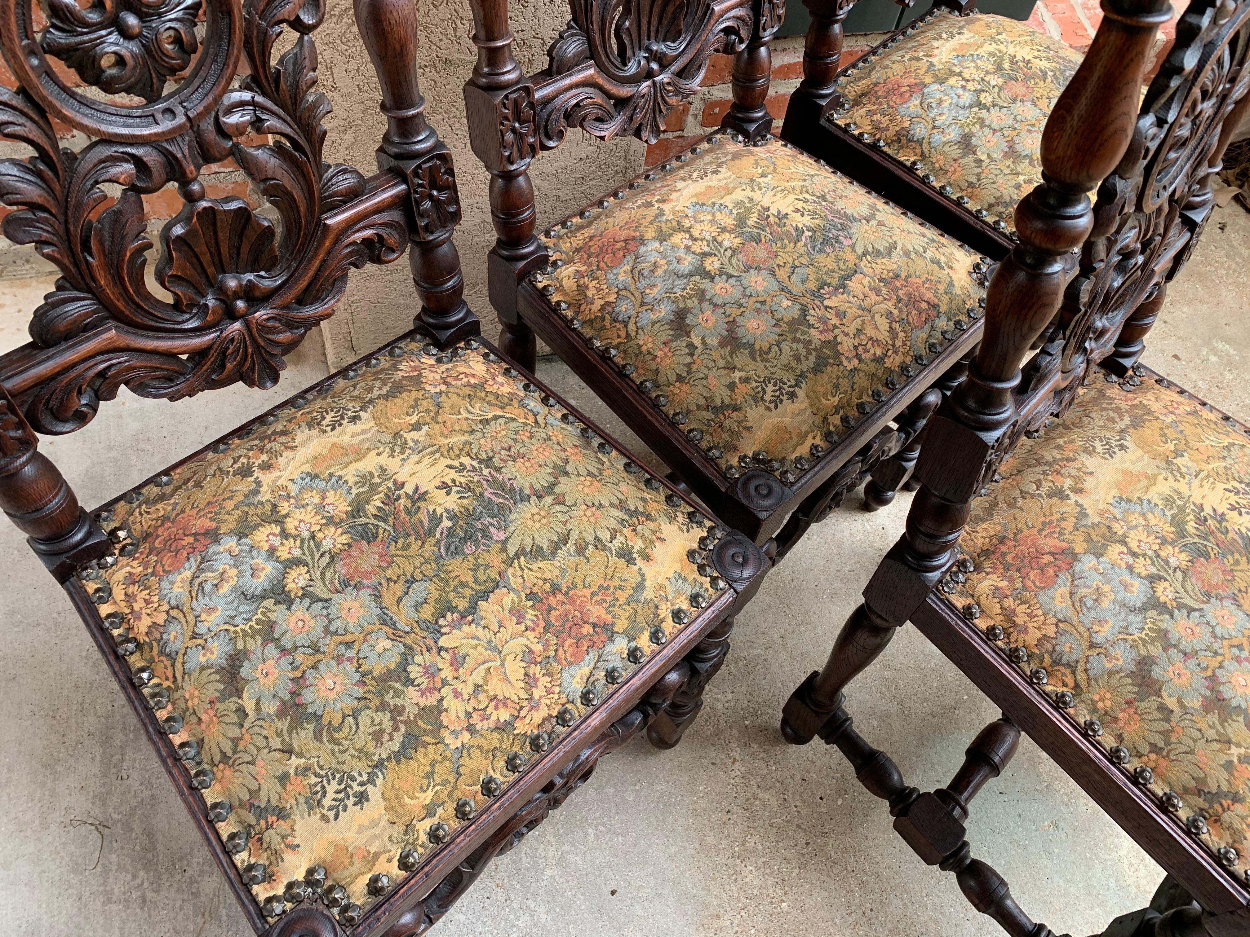 Set 4 Antique French Carved Oak Dining Side Chair Louis XIV Renaissance Tall 3