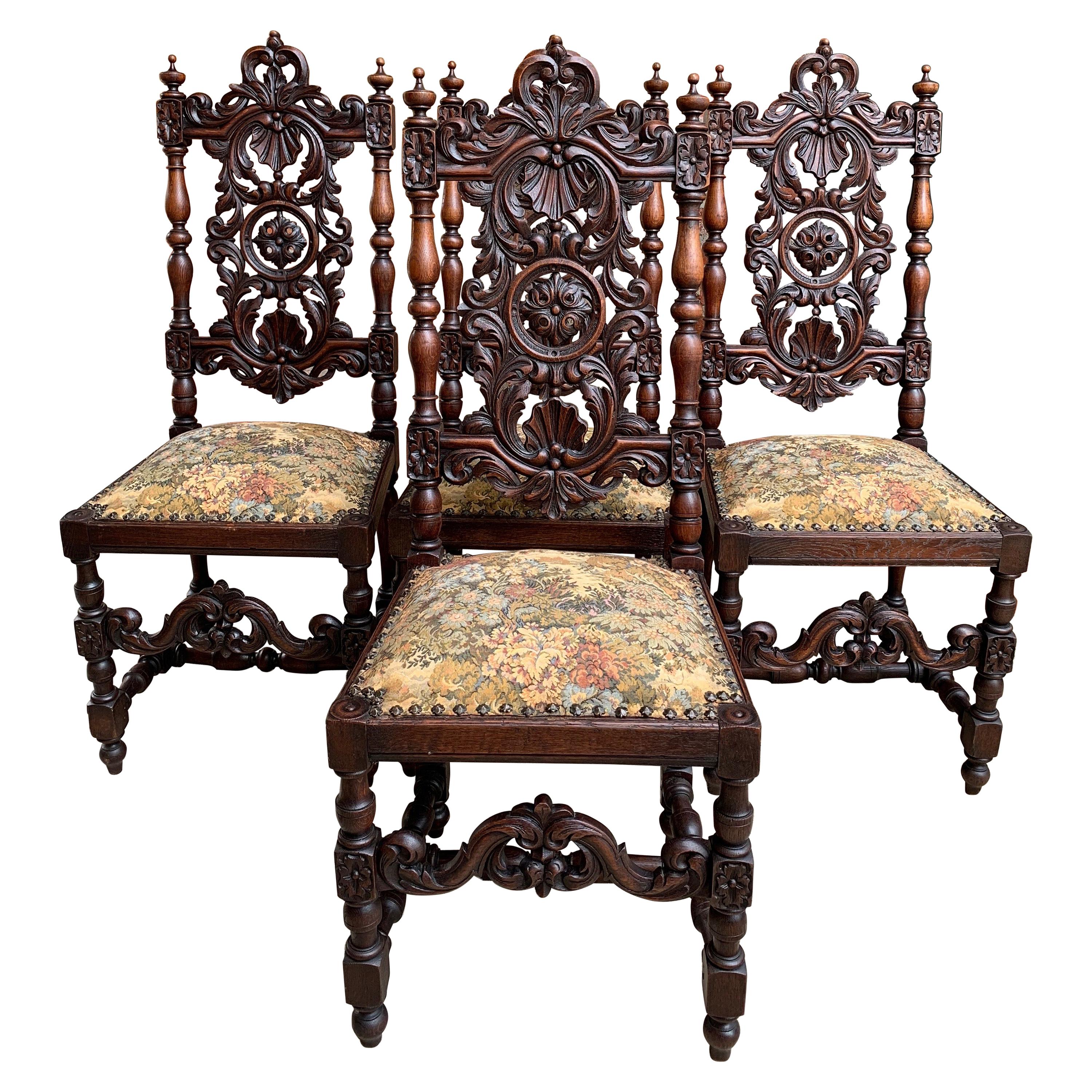 Set 4 Antique French Carved Oak Dining Side Chair Louis XIV Renaissance Tall