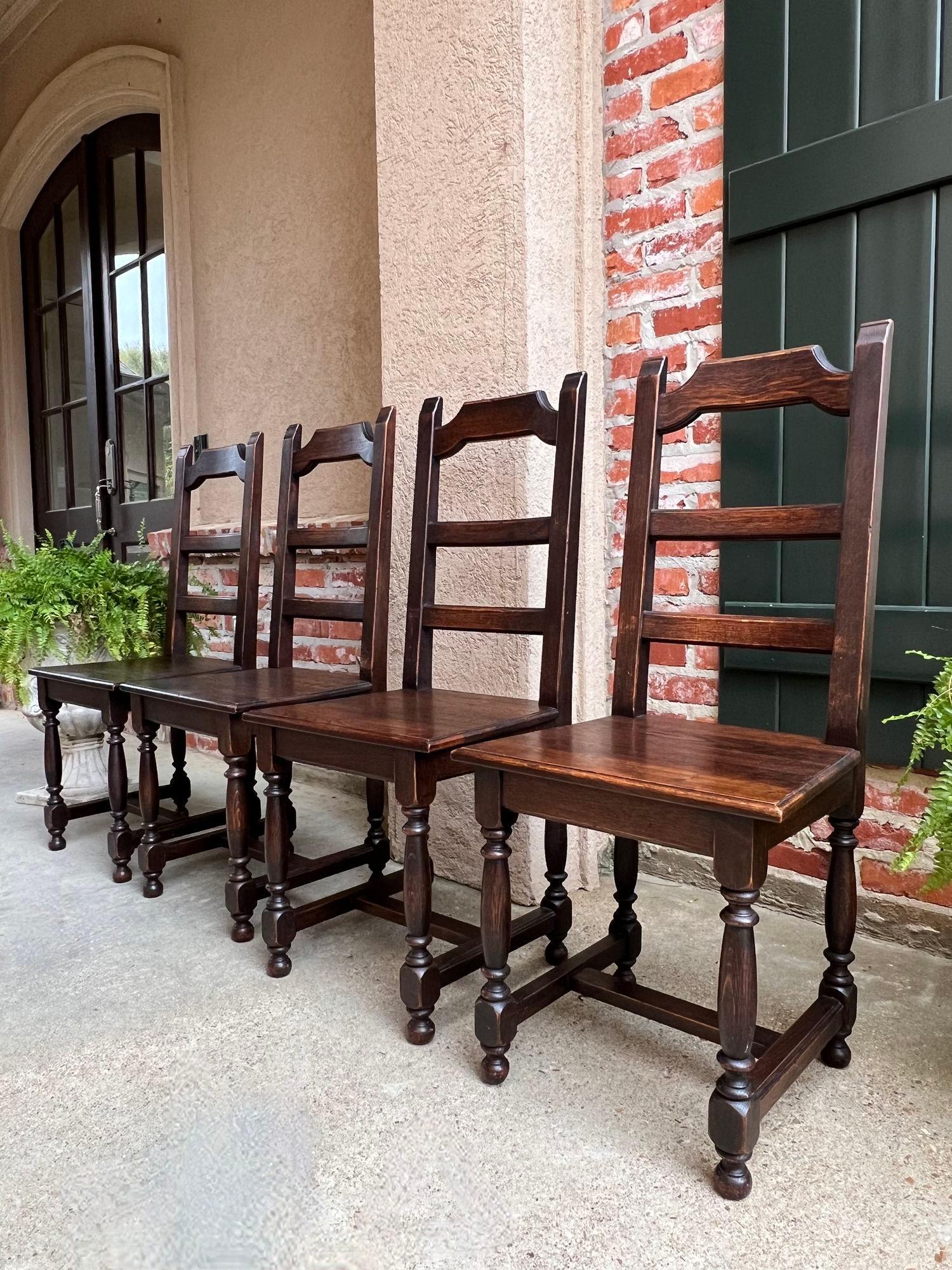 SET 4 Antique French Country Dining Chair Ladder Back Carved Dark Oak For Sale 7