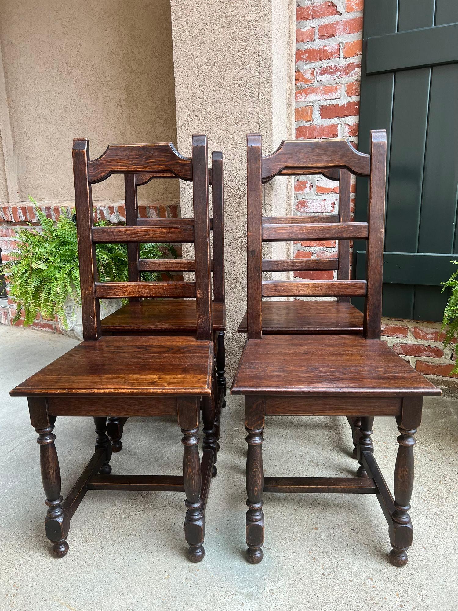 SET 4 Antique French Country Dining Chair Ladder Back Carved Dark Oak For Sale 8