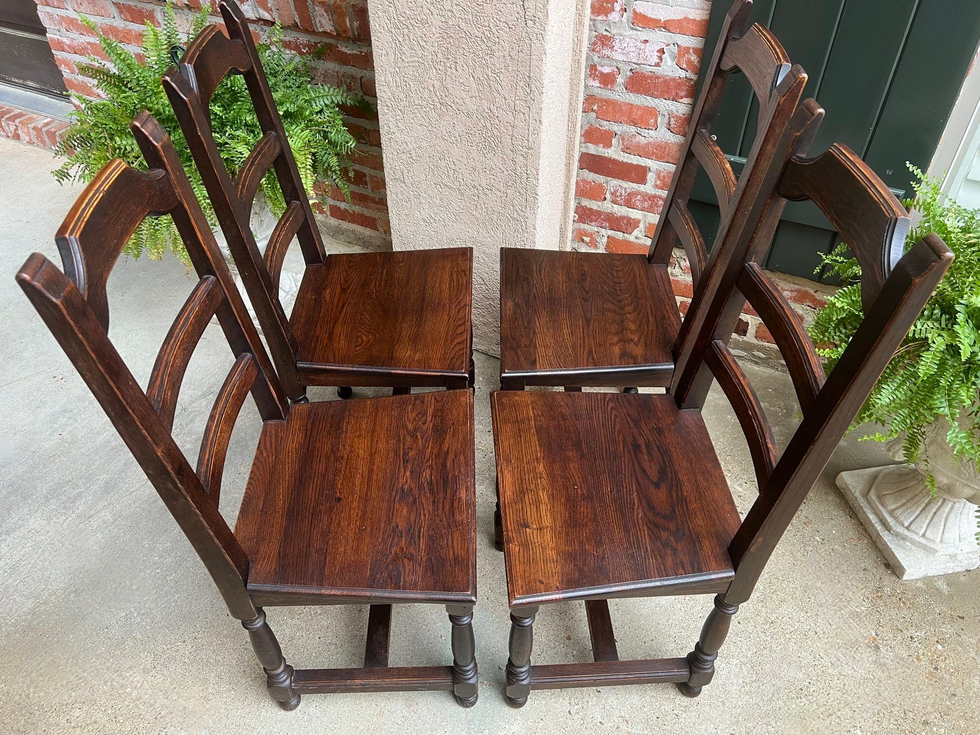 SET 4 Antique French Country Dining Chair Ladder Back Carved Dark Oak For Sale 9