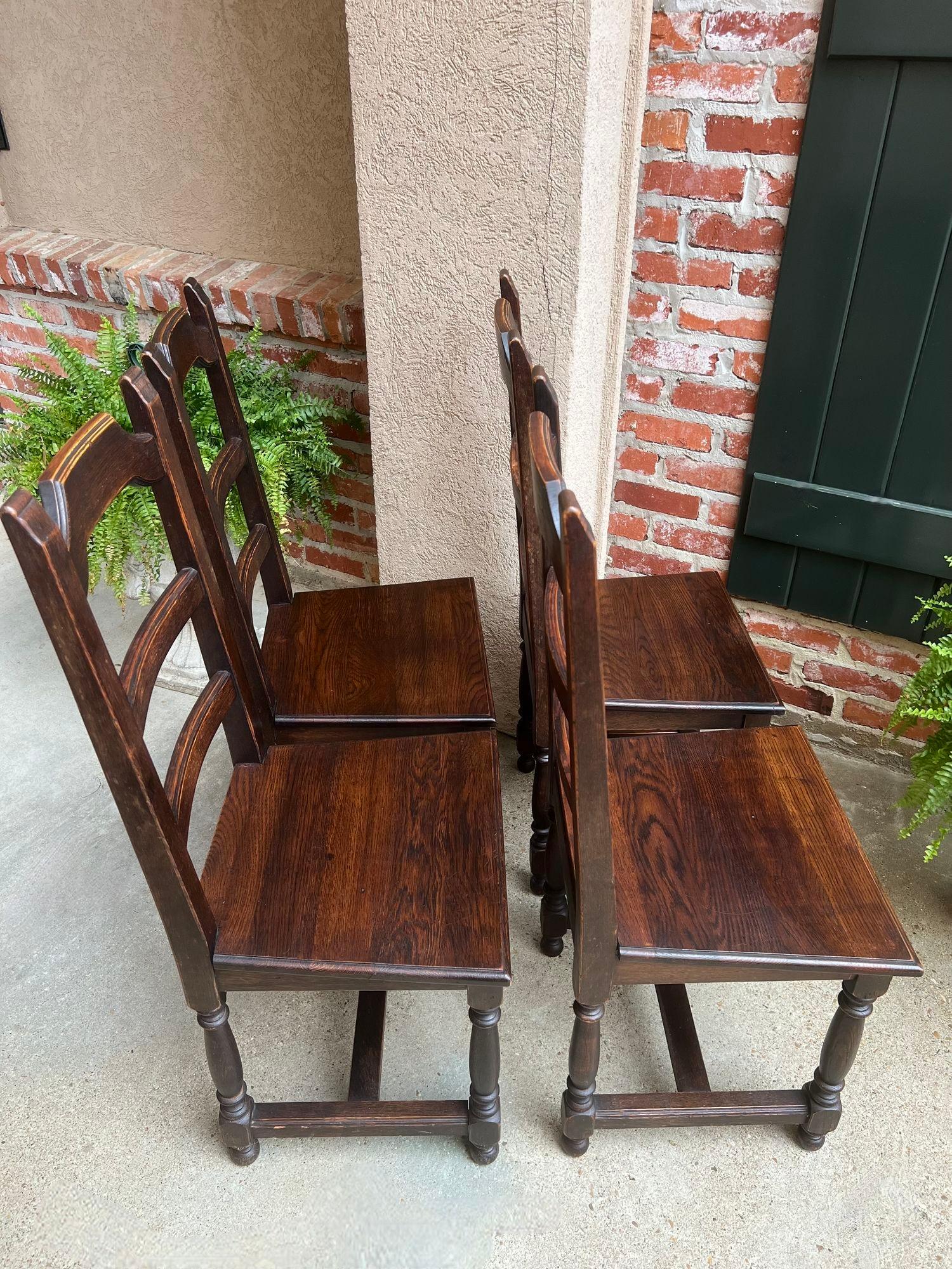 SET 4 Antique French Country Dining Chair Ladder Back Carved Dark Oak For Sale 10