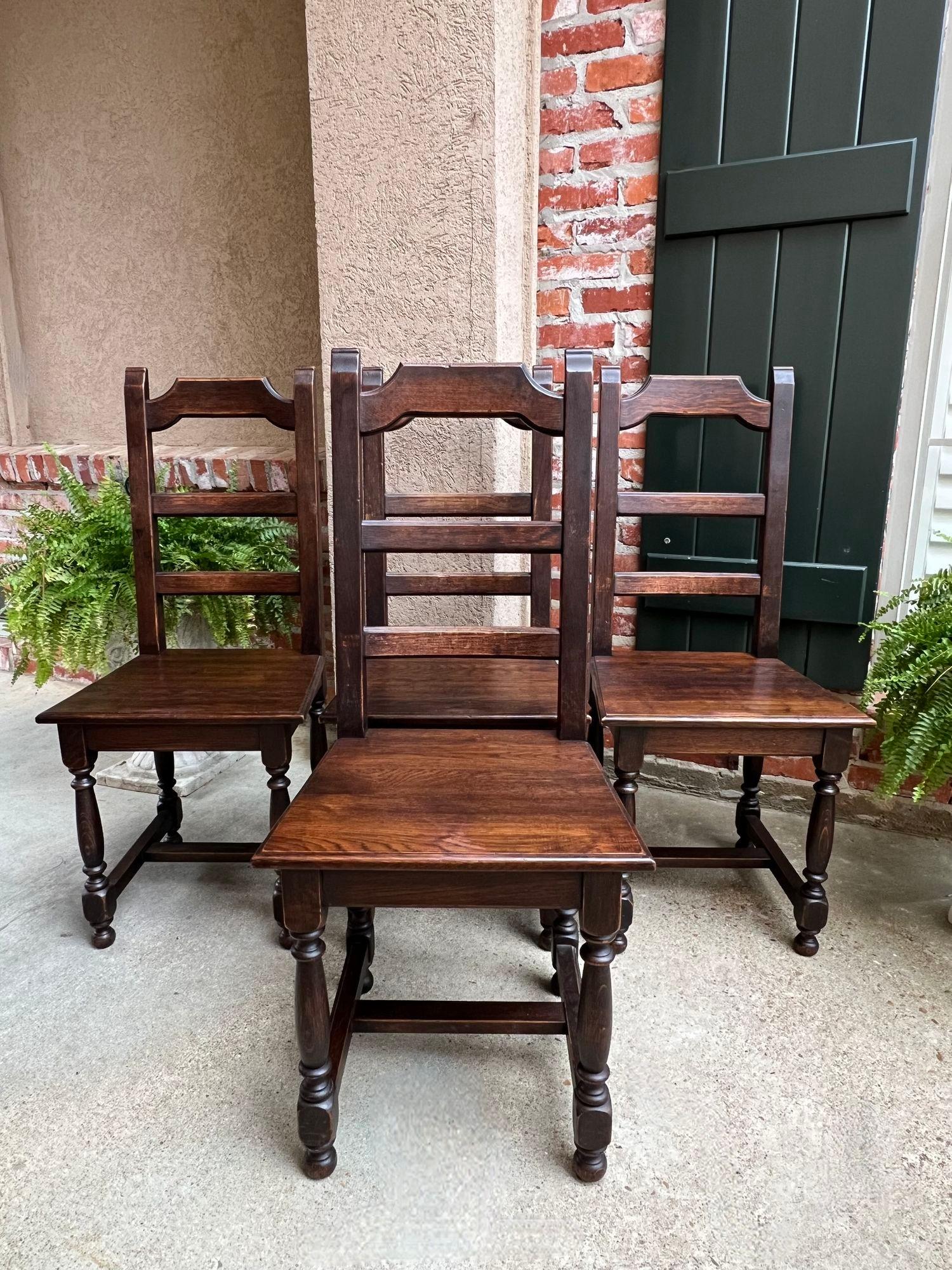 French Provincial SET 4 Antique French Country Dining Chair Ladder Back Carved Dark Oak For Sale