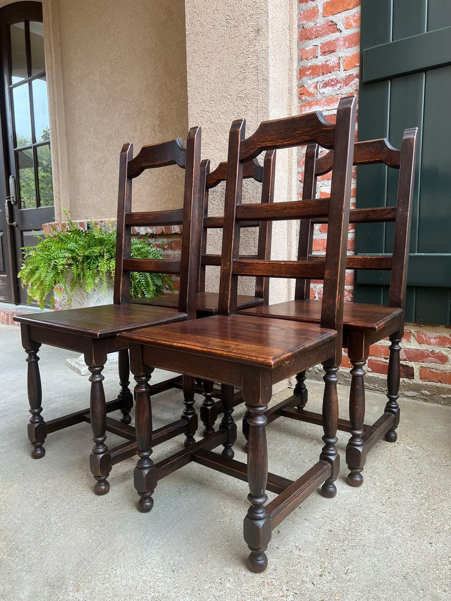 Turned SET 4 Antique French Country Dining Chair Ladder Back Carved Dark Oak For Sale
