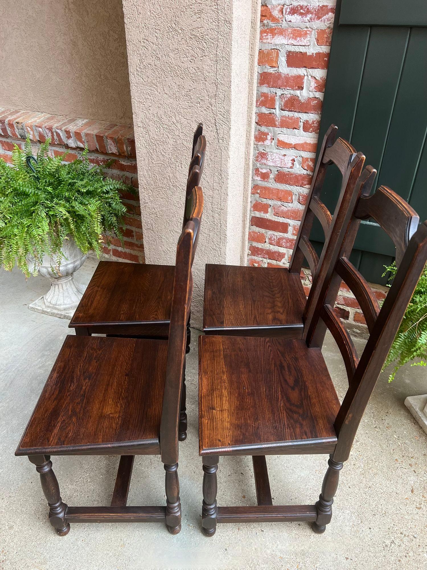 Early 20th Century SET 4 Antique French Country Dining Chair Ladder Back Carved Dark Oak For Sale