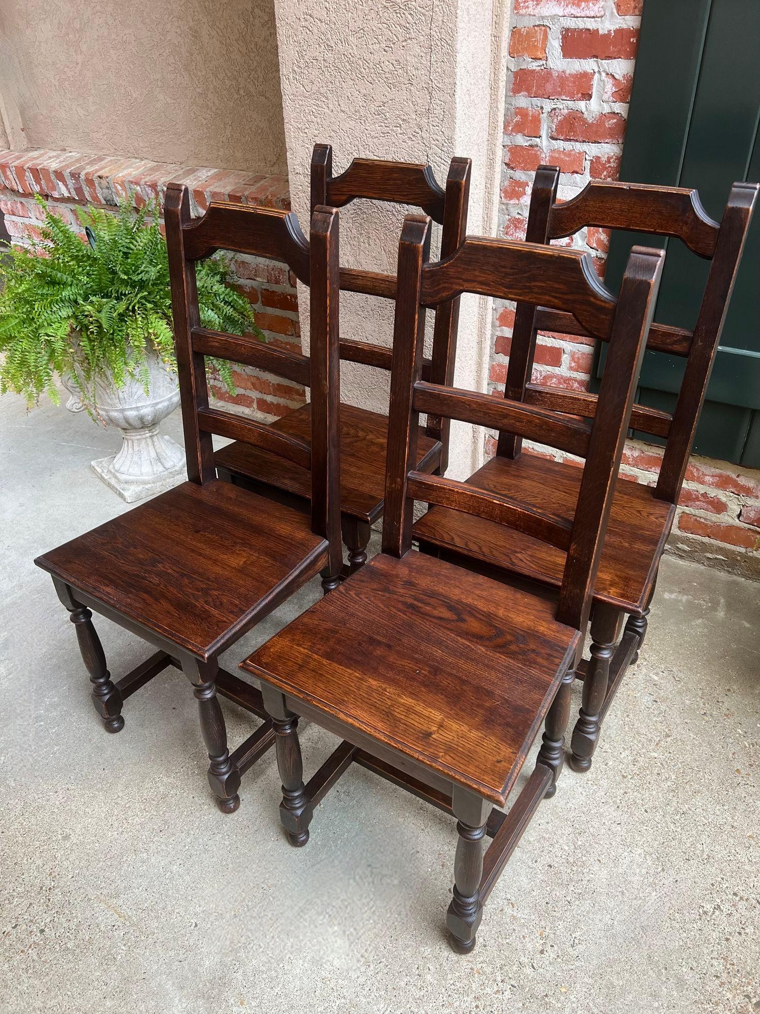 SET 4 Antique French Country Dining Chair Ladder Back Carved Dark Oak For Sale 1