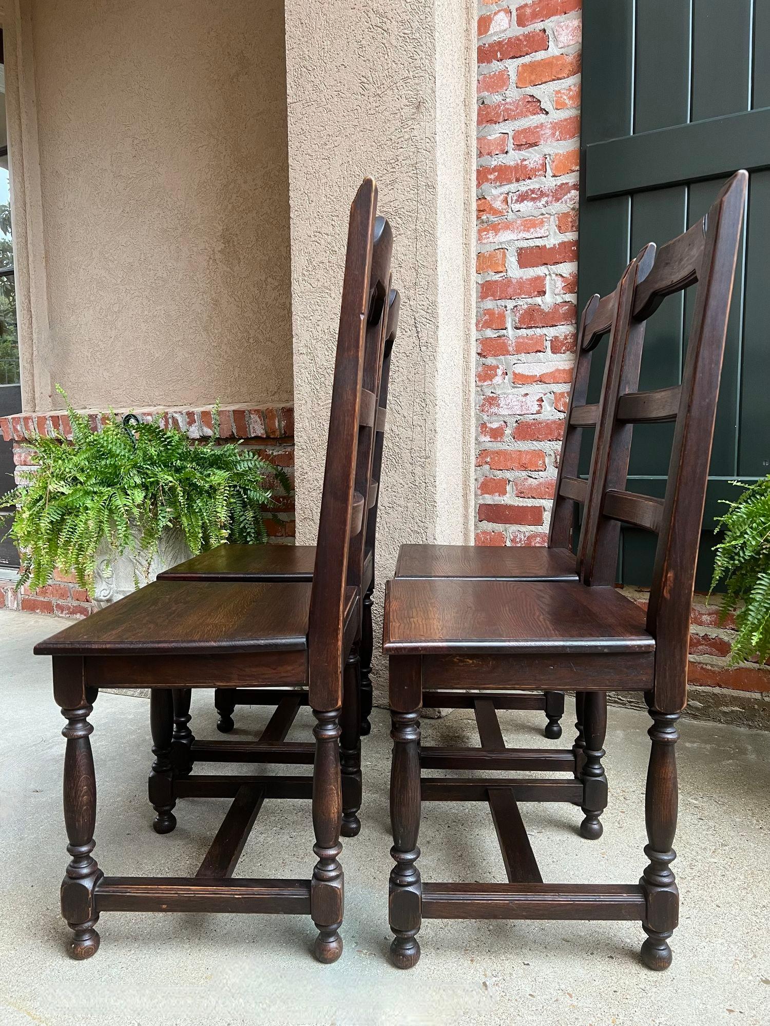 SET 4 Antique French Country Dining Chair Ladder Back Carved Dark Oak For Sale 2
