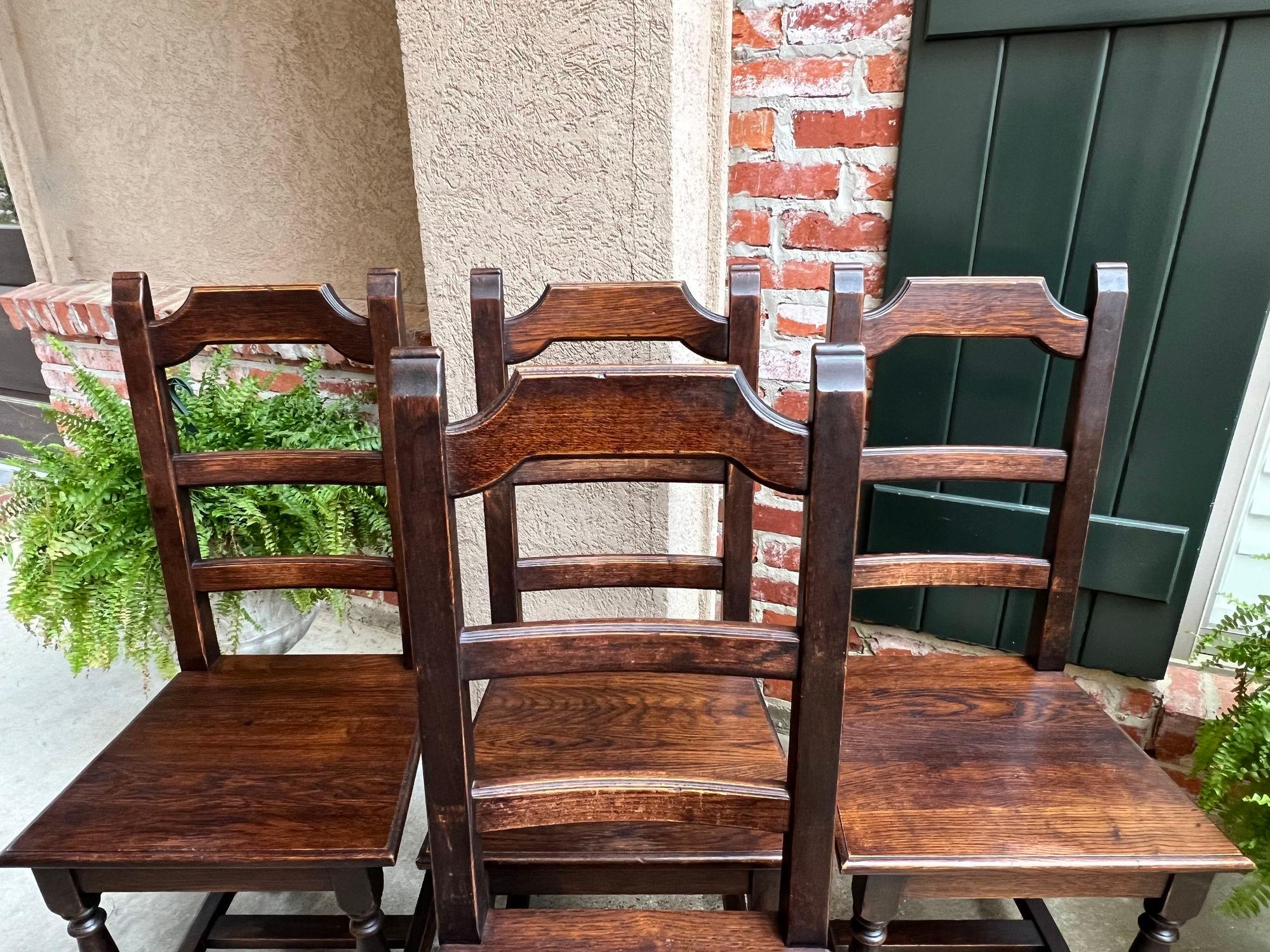 SET 4 Antique French Country Dining Chair Ladder Back Carved Dark Oak For Sale 3