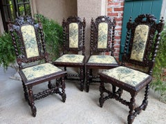 Set 4 Antique French Dining Chairs Barley Twist Renaissance Carved Oak Green