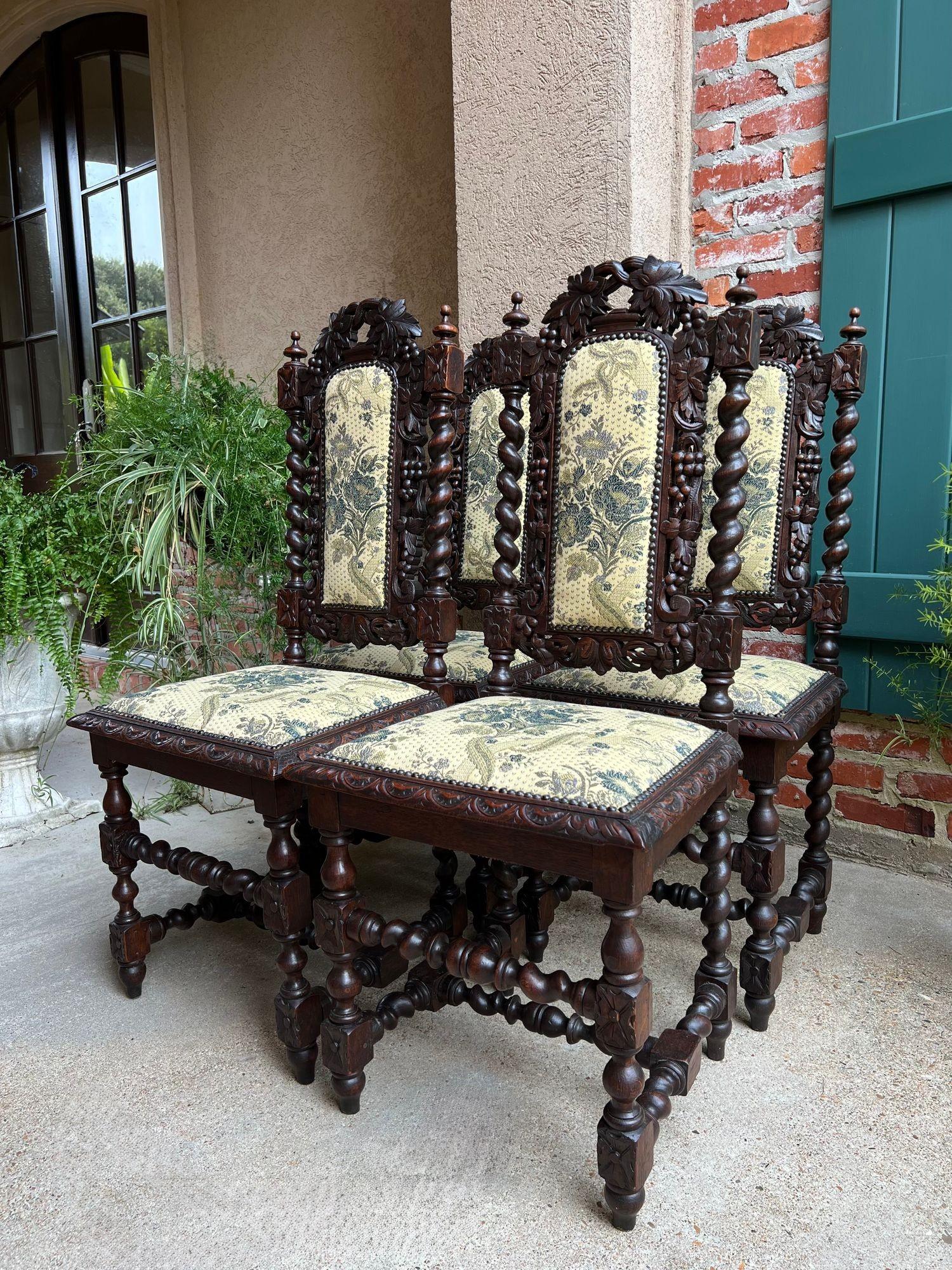Satz 4 Antique French Dining Chair Barley Twist Renaissance geschnitzt Oak Green 1900 (Französische Provence) im Angebot