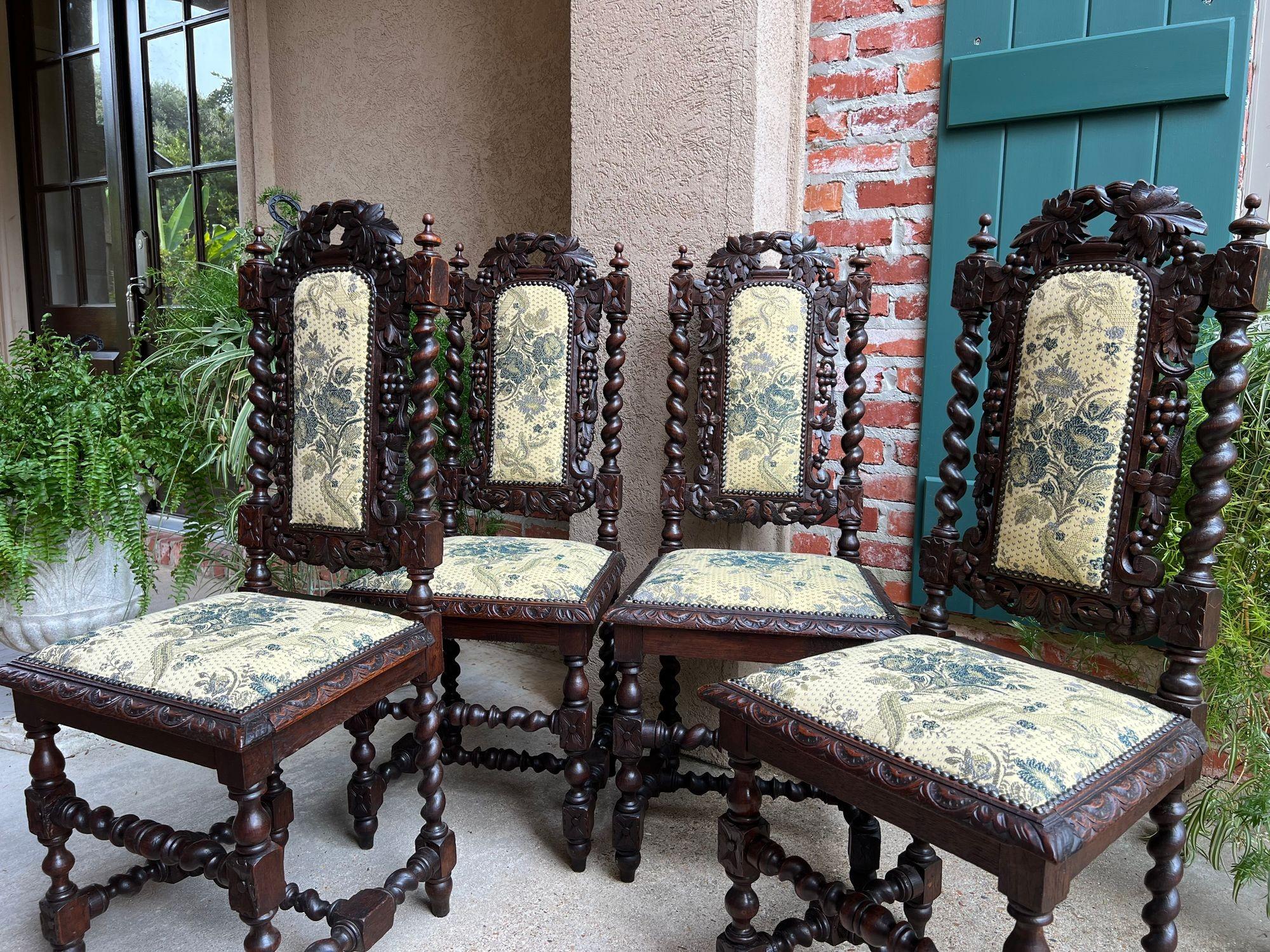 Satz 4 Antique French Dining Chair Barley Twist Renaissance geschnitzt Oak Green 1900 (Französisch) im Angebot