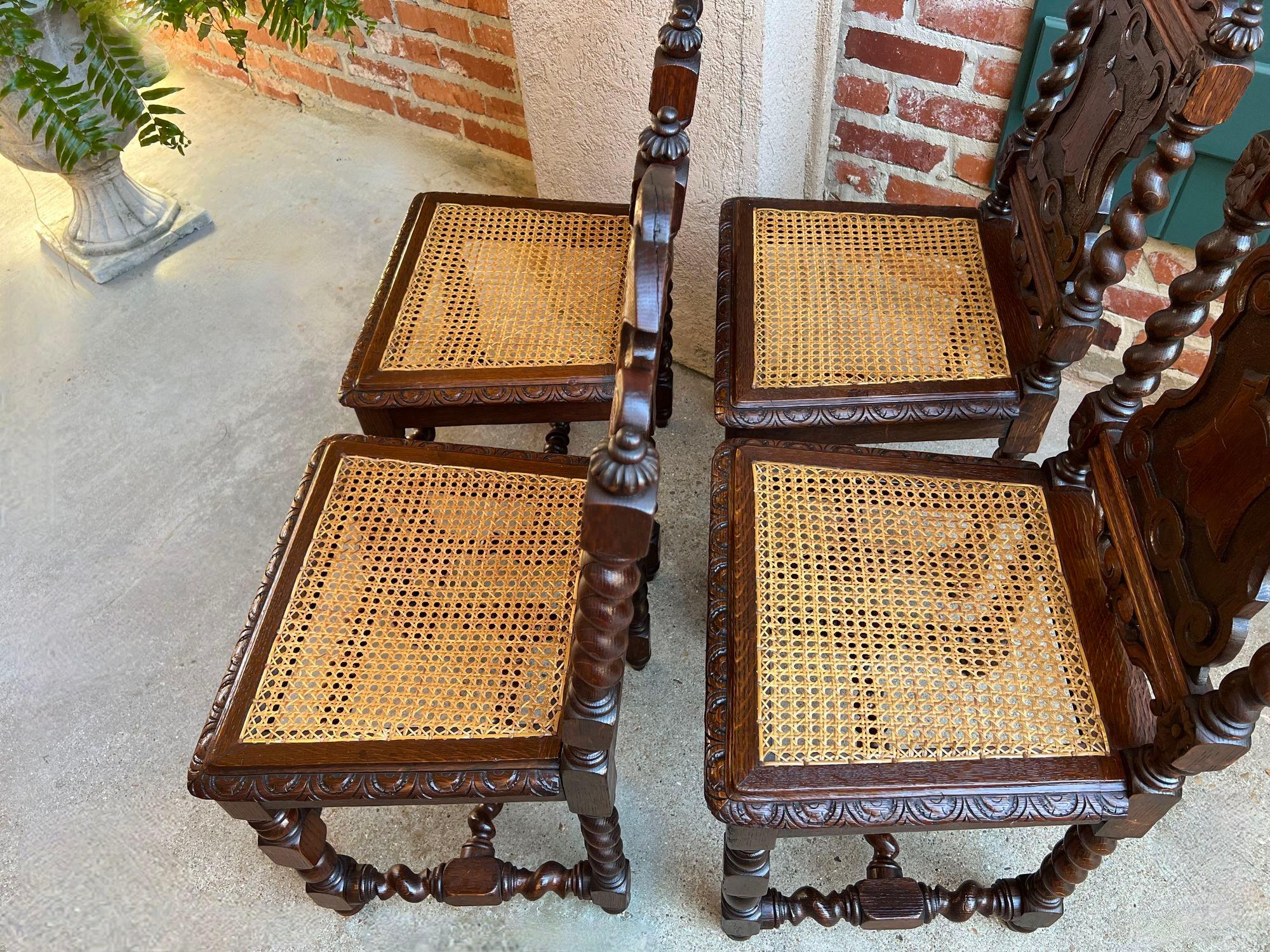 Set 4 Antique French Dining Chairs Barley Twist Cane Seat Carved Oak c1920 4