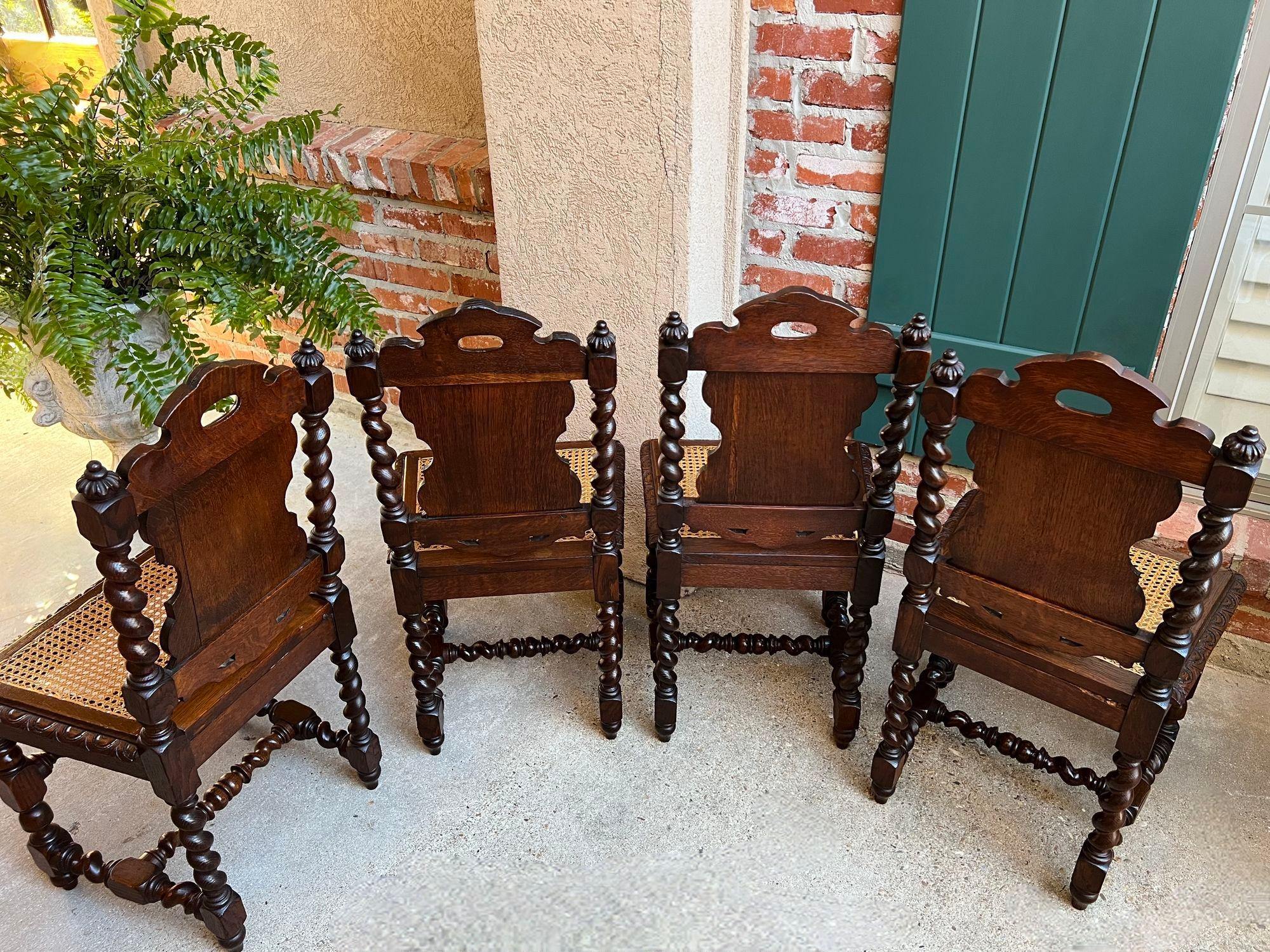 Set 4 Antique French Dining Chairs Barley Twist Cane Seat Carved Oak c1920 5