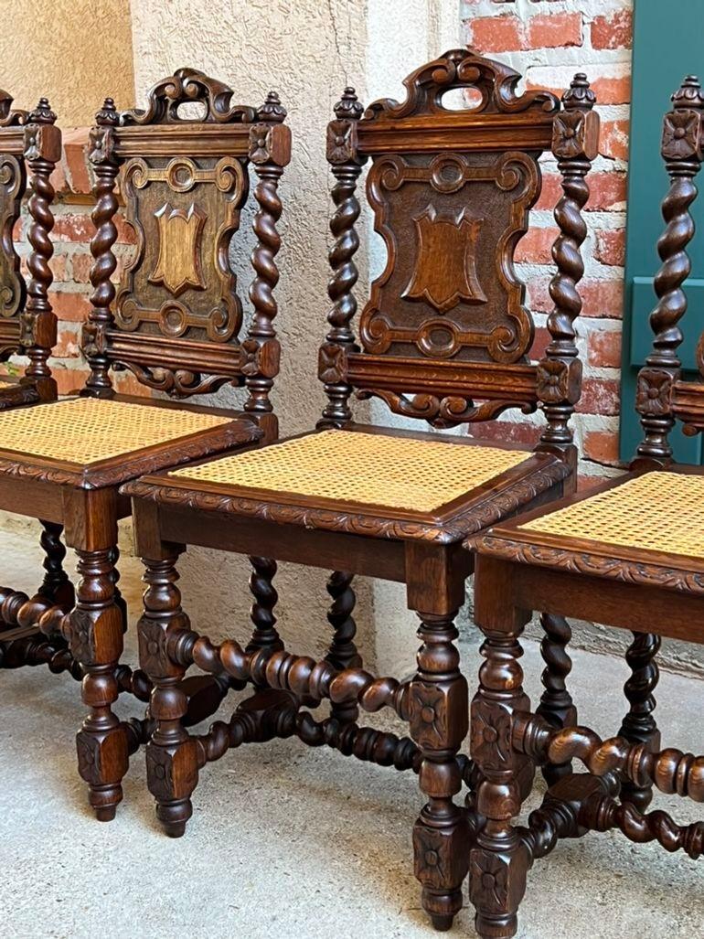 Set 4 Antique French Dining Chairs Barley Twist Cane Seat Carved Oak c1920 10
