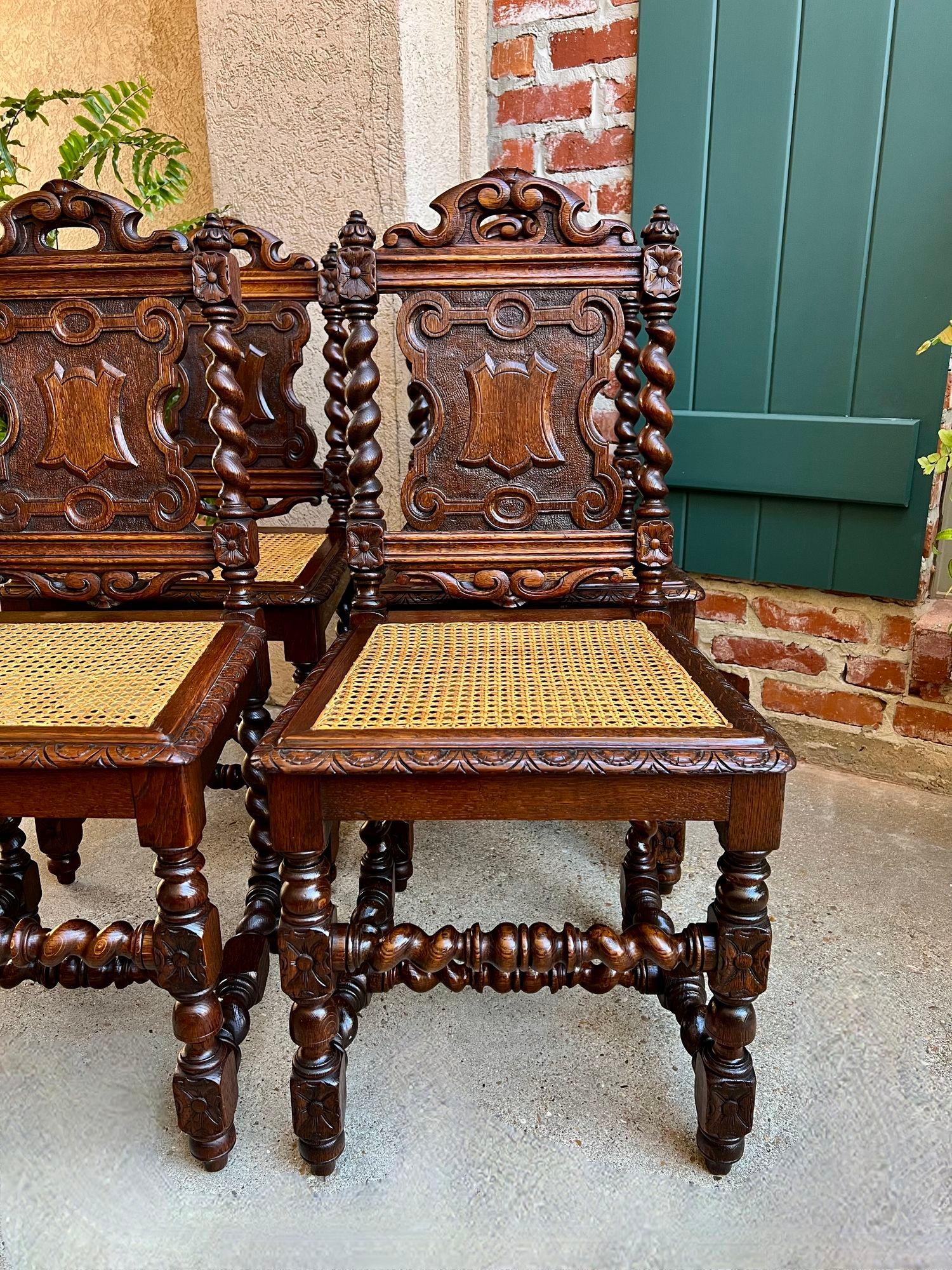 Set 4 Antique French Dining Chairs Barley Twist Cane Seat Carved Oak c1920 11