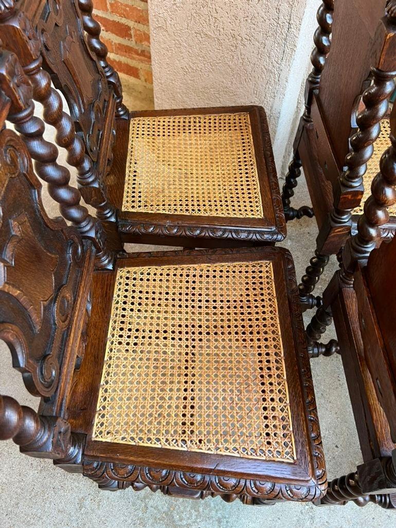 Set 4 Antique French Dining Chairs Barley Twist Cane Seat Carved Oak c1920 12
