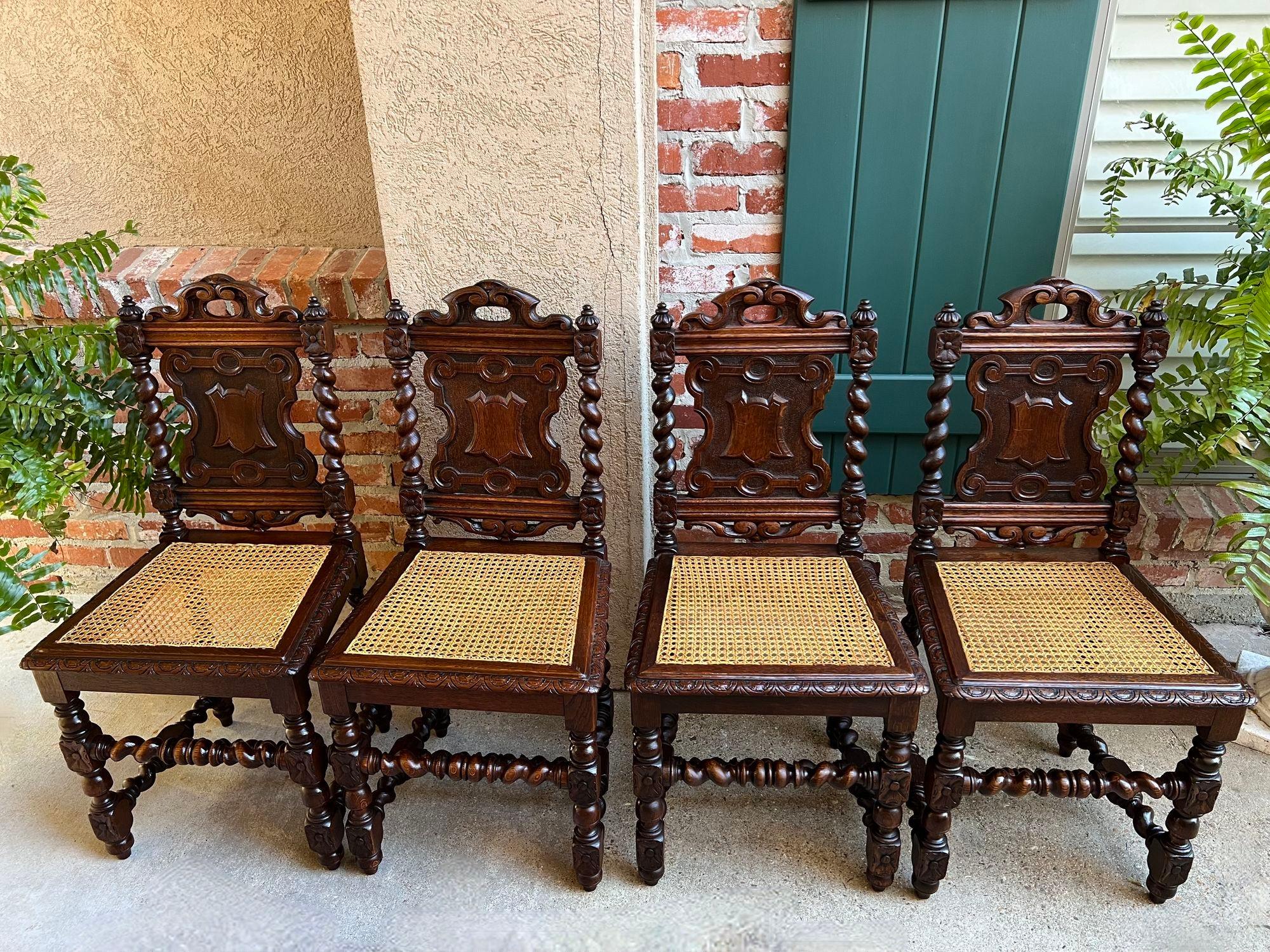 Caning Set 4 Antique French Dining Chairs Barley Twist Cane Seat Carved Oak c1920