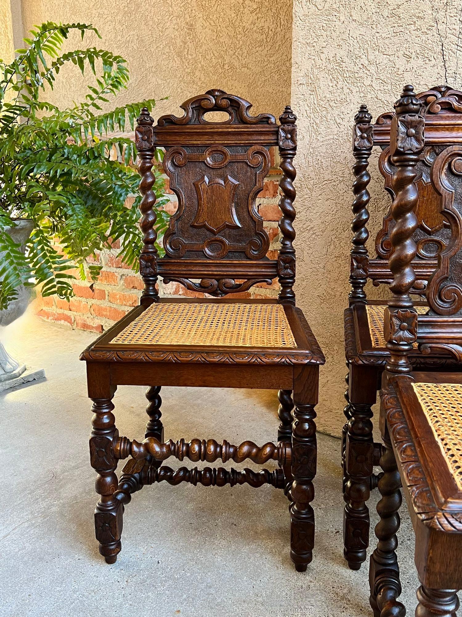 Set 4 Antique French Dining Chairs Barley Twist Cane Seat Carved Oak c1920 In Good Condition In Shreveport, LA