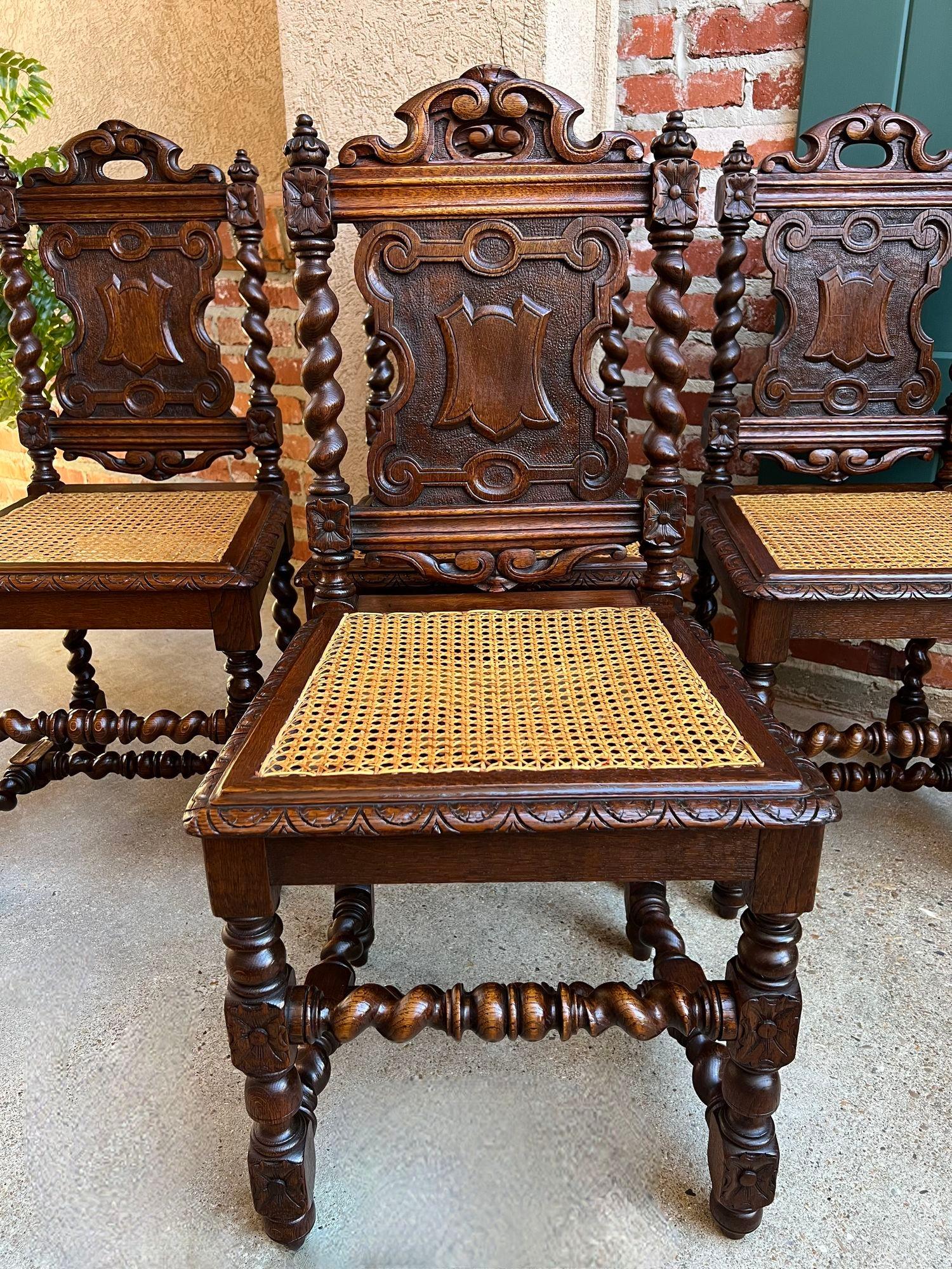 Early 20th Century Set 4 Antique French Dining Chairs Barley Twist Cane Seat Carved Oak c1920